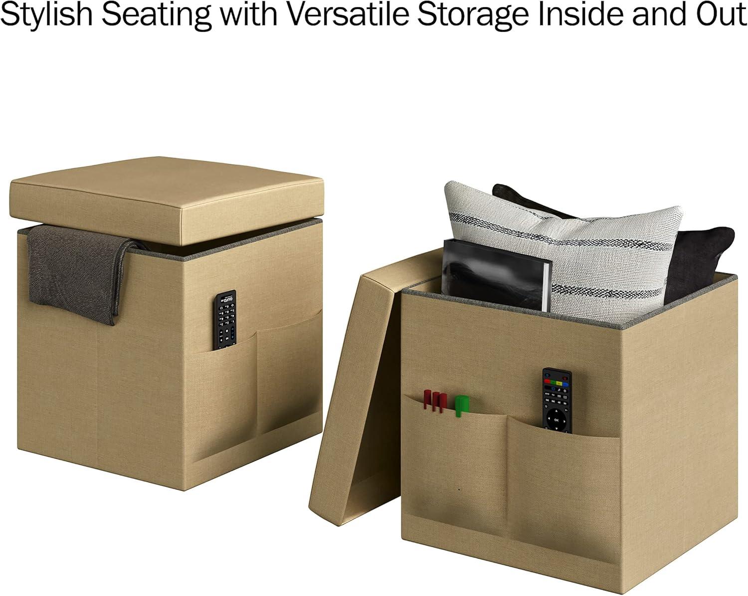 imageSet of 2 Ottomans with Storage Pockets 15Inch Folding Foot Rests or Storage Organizers for Bedroom Living Room or Dorm by Lavish Home BrownBeige