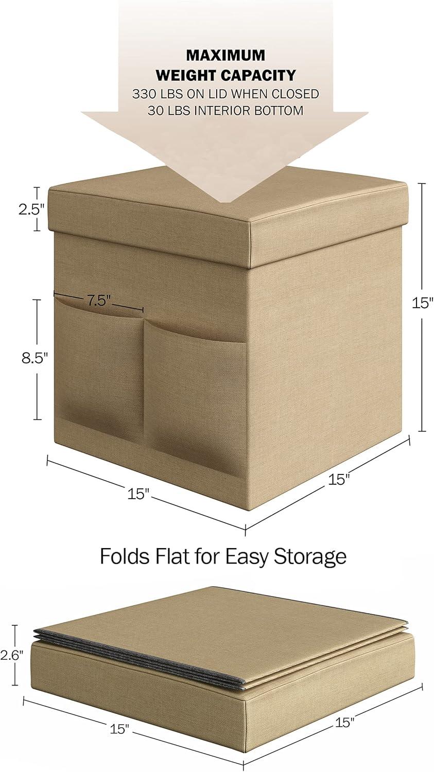 imageSet of 2 Ottomans with Storage Pockets 15Inch Folding Foot Rests or Storage Organizers for Bedroom Living Room or Dorm by Lavish Home BrownBeige