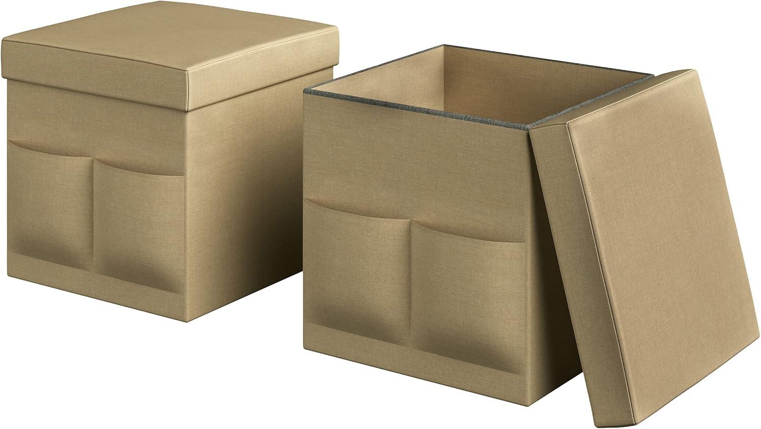 imageSet of 2 Ottomans with Storage Pockets 15Inch Folding Foot Rests or Storage Organizers for Bedroom Living Room or Dorm by Lavish Home BrownBeige