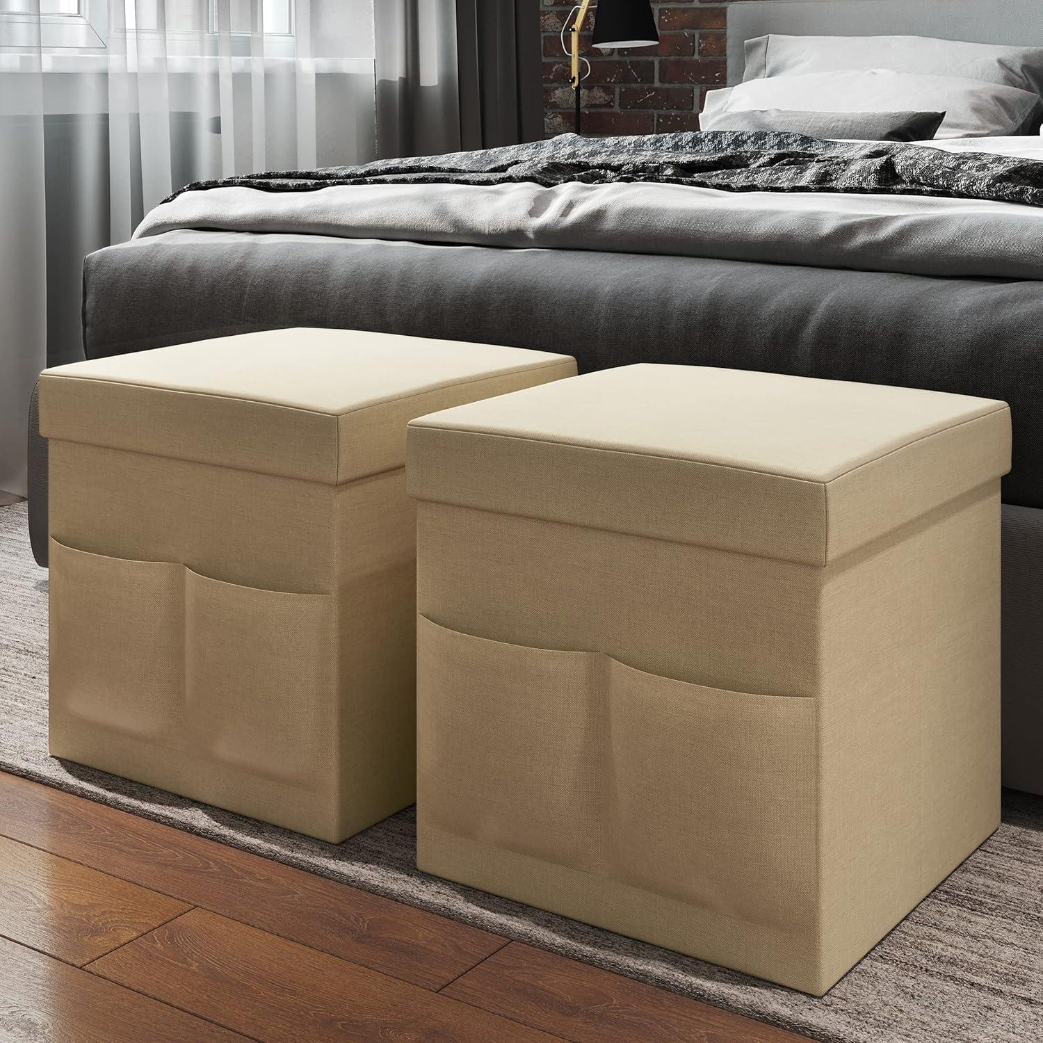 imageSet of 2 Ottomans with Storage Pockets 15Inch Folding Foot Rests or Storage Organizers for Bedroom Living Room or Dorm by Lavish Home BrownBeige