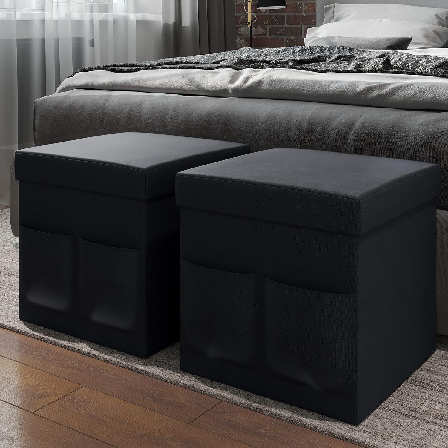 imageSet of 2 Ottomans with Storage Pockets 15Inch Folding Foot Rests or Storage Organizers for Bedroom Living Room or Dorm by Lavish Home BrownBlack