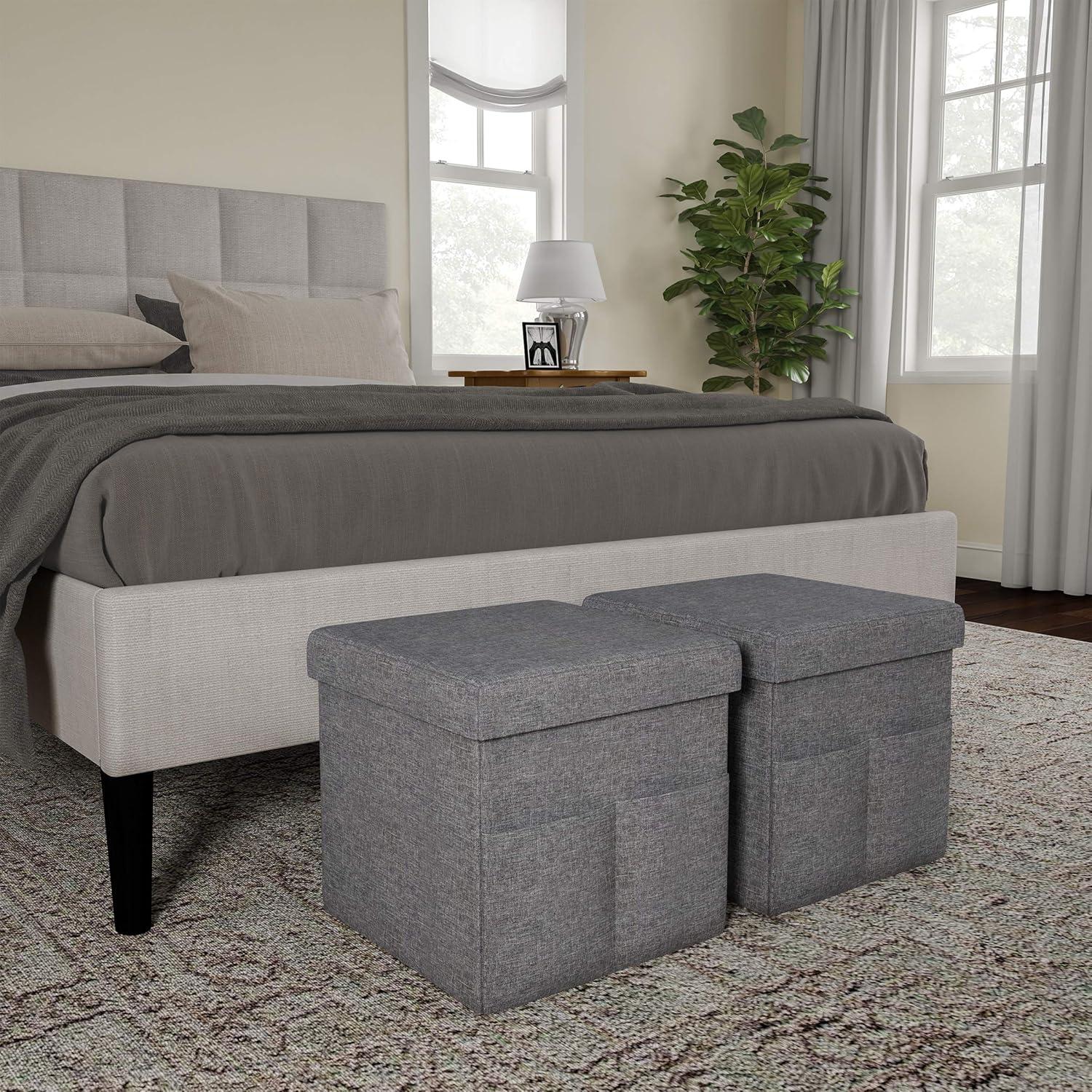 imageSet of 2 Ottomans with Storage Pockets 15Inch Folding Foot Rests or Storage Organizers for Bedroom Living Room or Dorm by Lavish Home BrownCharcoal Gray