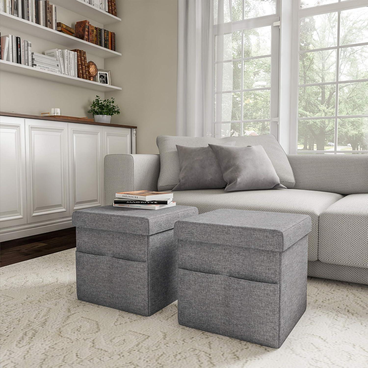 imageSet of 2 Ottomans with Storage Pockets 15Inch Folding Foot Rests or Storage Organizers for Bedroom Living Room or Dorm by Lavish Home BrownCharcoal Gray