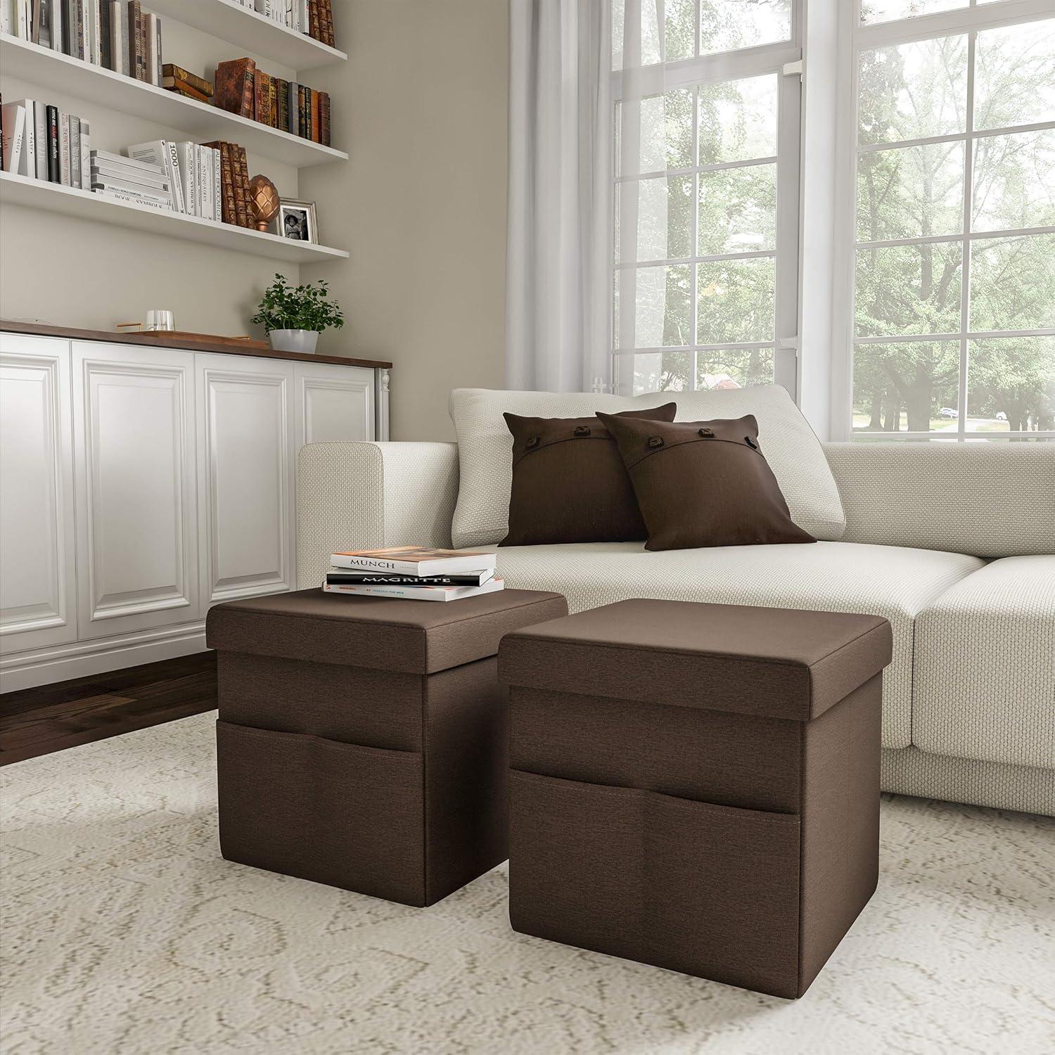 imageSet of 2 Ottomans with Storage Pockets 15Inch Folding Foot Rests or Storage Organizers for Bedroom Living Room or Dorm by Lavish Home BrownLinen Brown