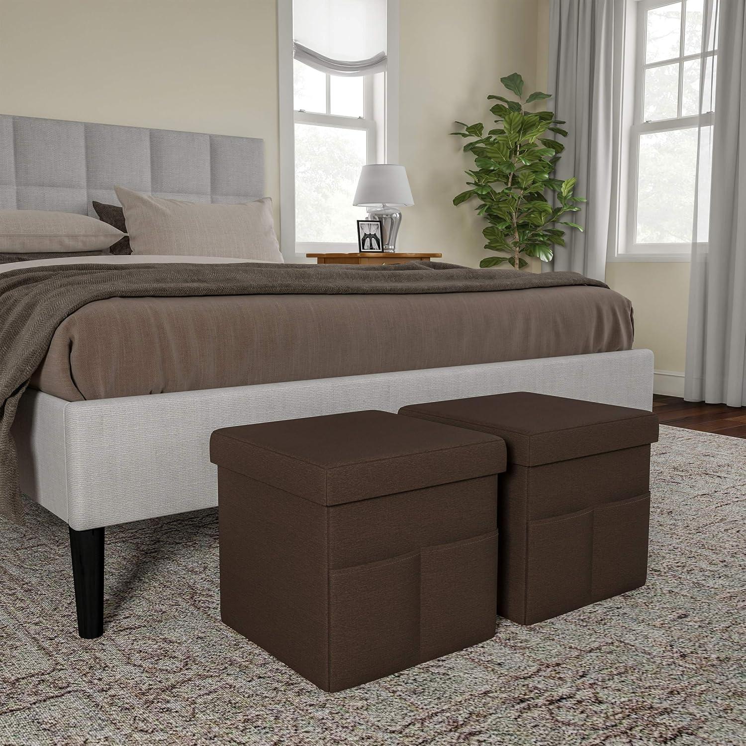 imageSet of 2 Ottomans with Storage Pockets 15Inch Folding Foot Rests or Storage Organizers for Bedroom Living Room or Dorm by Lavish Home BrownLinen Brown