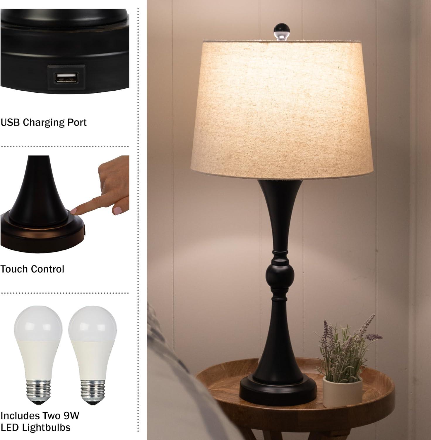 imageSet of 2 Table Lamps Lamps with USB Charging Ports Touch Control and LED Bulbs for Living Room Office or Bedroom Decor by Lavish Home Black