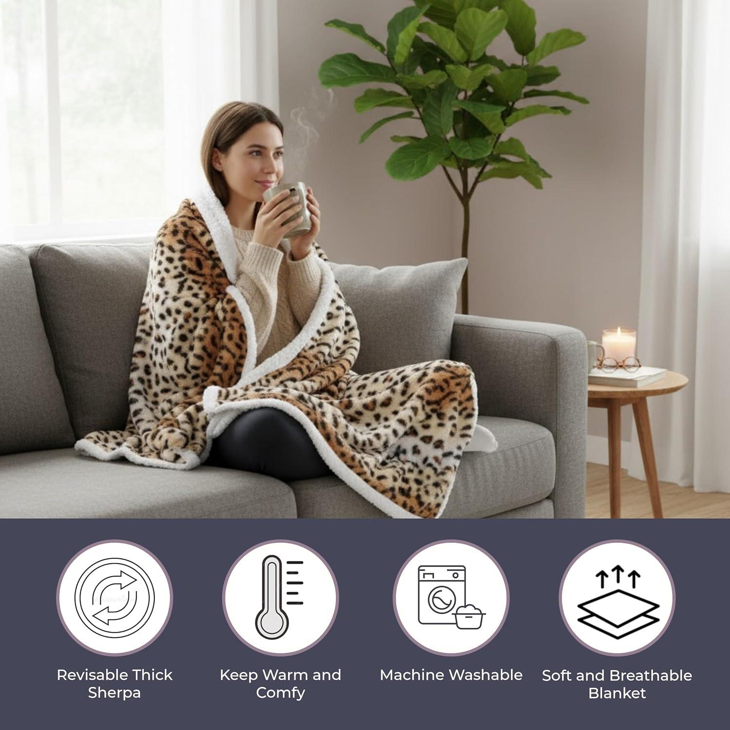 imageSherpa Fleece Throw Blanket 50x60Inch MachineWashable Reversible Throw Fluffy Blankets for Couch Chair or Bed by Lavish Home LeopardTiger
