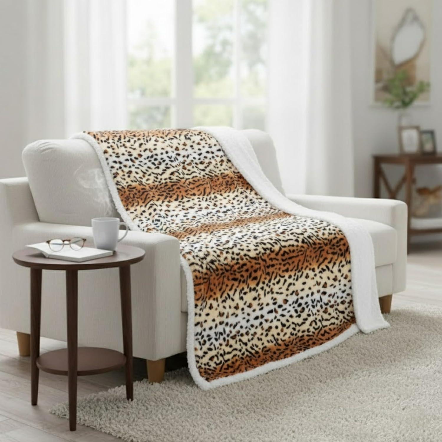 imageSherpa Fleece Throw Blanket 50x60Inch MachineWashable Reversible Throw Fluffy Blankets for Couch Chair or Bed by Lavish Home LeopardTiger