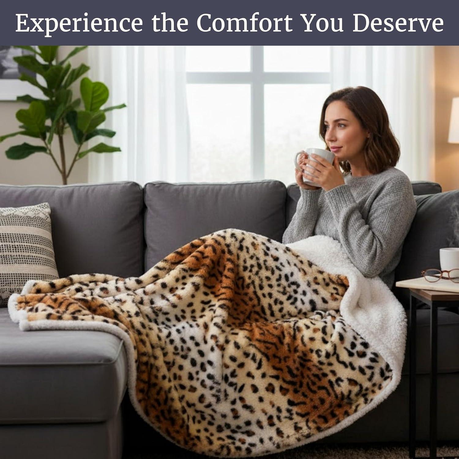 imageSherpa Fleece Throw Blanket 50x60Inch MachineWashable Reversible Throw Fluffy Blankets for Couch Chair or Bed by Lavish Home LeopardTiger