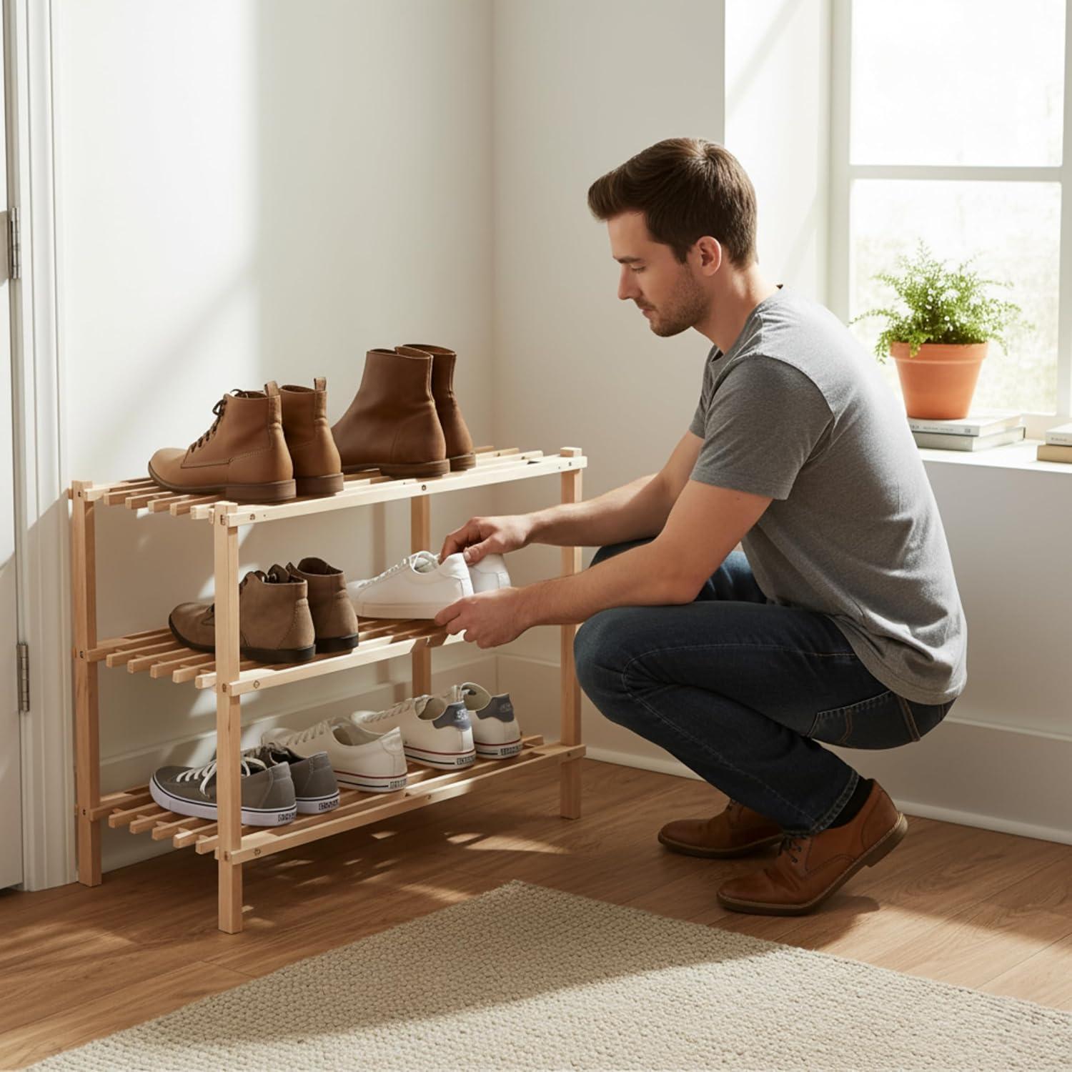 imageShoe Storage Rack 3Tier Wood Shoe Organizer for Closet Bathroom Entryway Footwear Shelf Holds 9 Pairs Sneakers or Boots by Lavish Home Light Oak