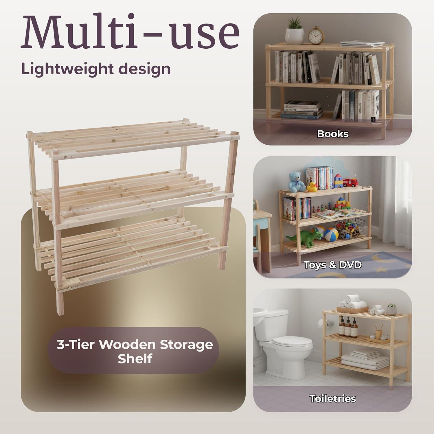 imageShoe Storage Rack 3Tier Wood Shoe Organizer for Closet Bathroom Entryway Footwear Shelf Holds 9 Pairs Sneakers or Boots by Lavish Home Light Oak