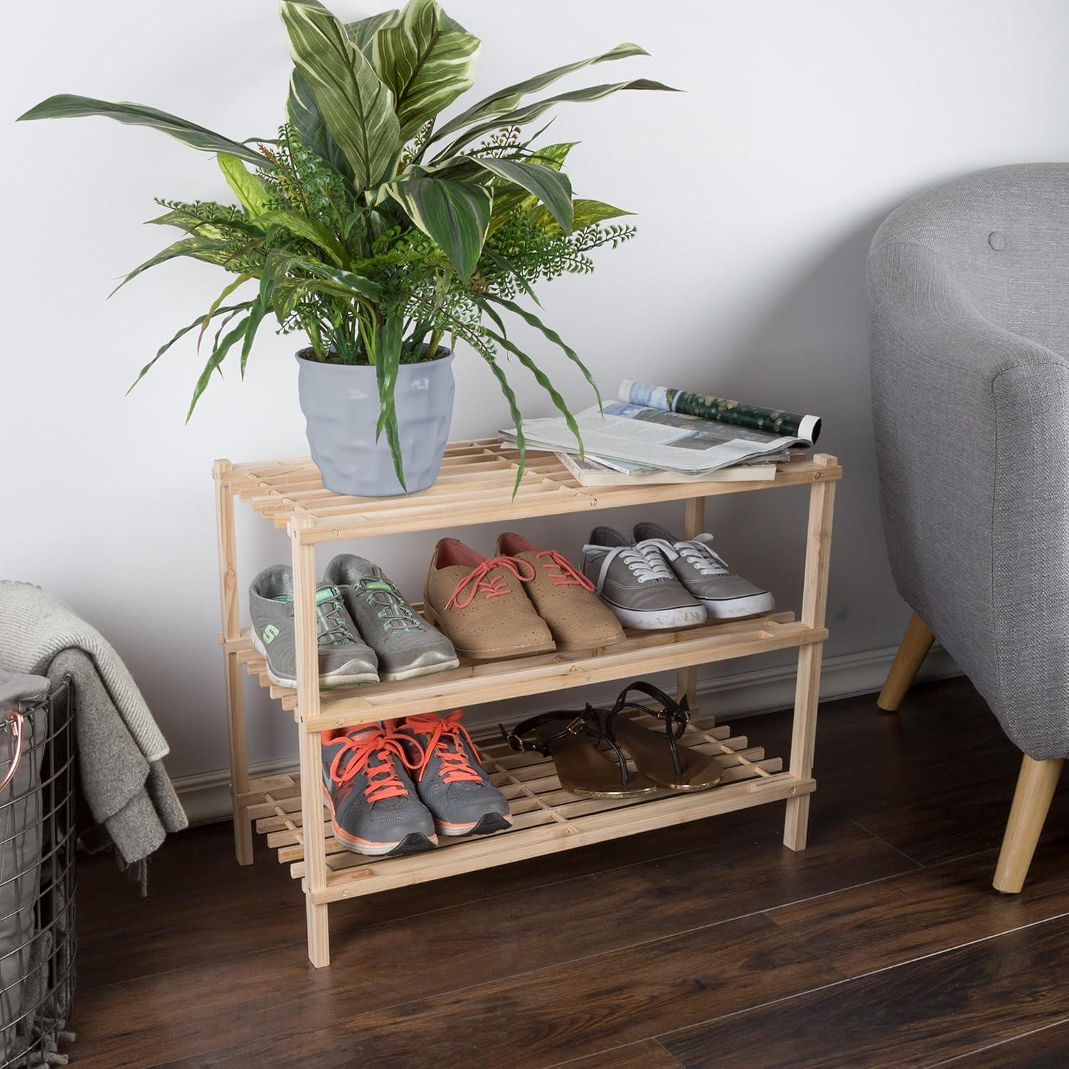 imageShoe Storage Rack 3Tier Wood Shoe Organizer for Closet Bathroom Entryway Footwear Shelf Holds 9 Pairs Sneakers or Boots by Lavish Home Light Oak