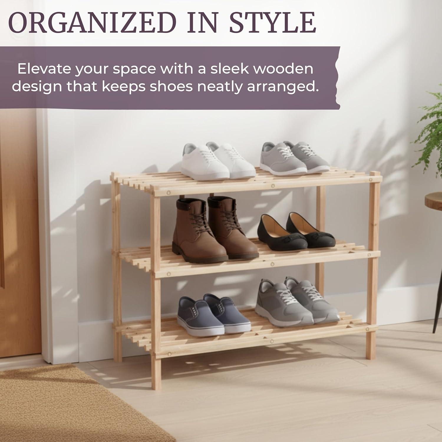 imageShoe Storage Rack 3Tier Wood Shoe Organizer for Closet Bathroom Entryway Footwear Shelf Holds 9 Pairs Sneakers or Boots by Lavish Home Light Oak