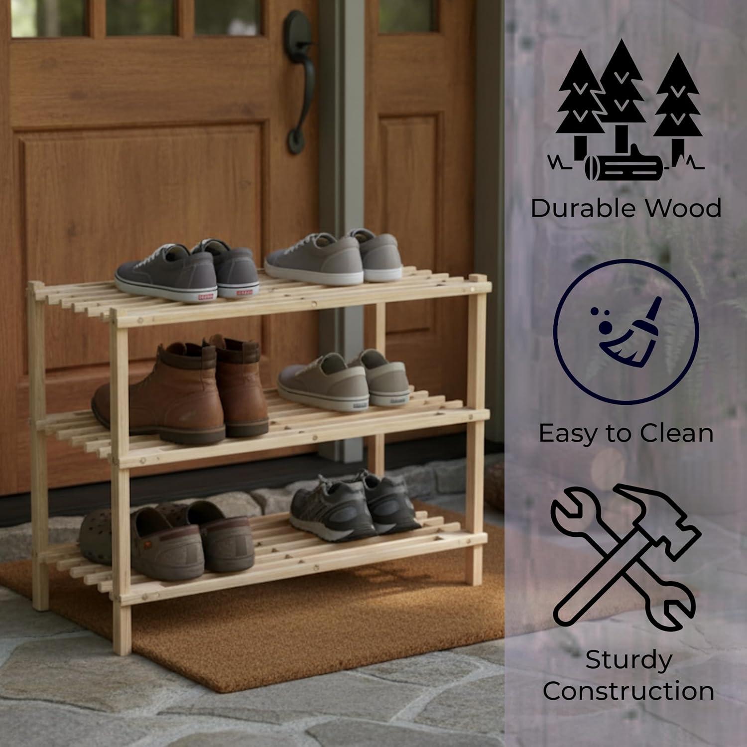 imageShoe Storage Rack 3Tier Wood Shoe Organizer for Closet Bathroom Entryway Footwear Shelf Holds 9 Pairs Sneakers or Boots by Lavish Home Light Oak