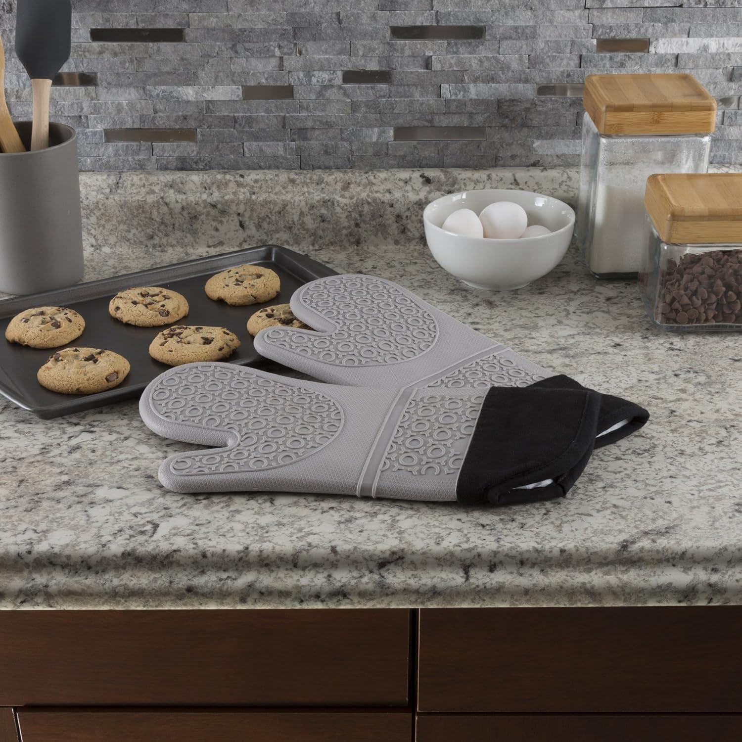 imageSilicone Oven Mitts Extra Long Professional Quality Heat Resistant with Quilted Lining and 2Sided Textured Grip 1 Pair Gray by Lavish Home