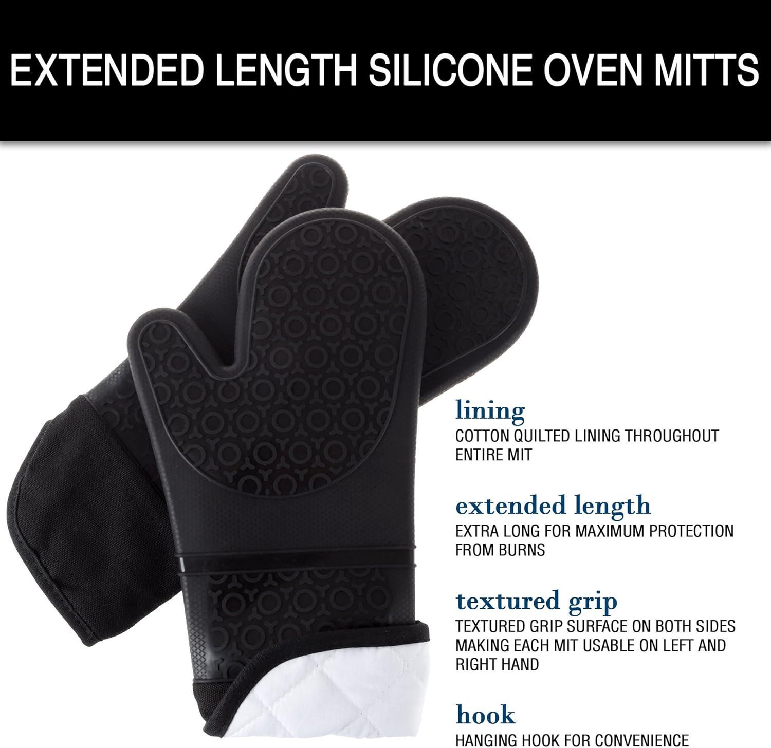 imageSilicone Oven Mitts Extra Long Professional Quality Heat Resistant with Quilted Lining and 2sided Textured Grip 1 pair Black by Lavish Home