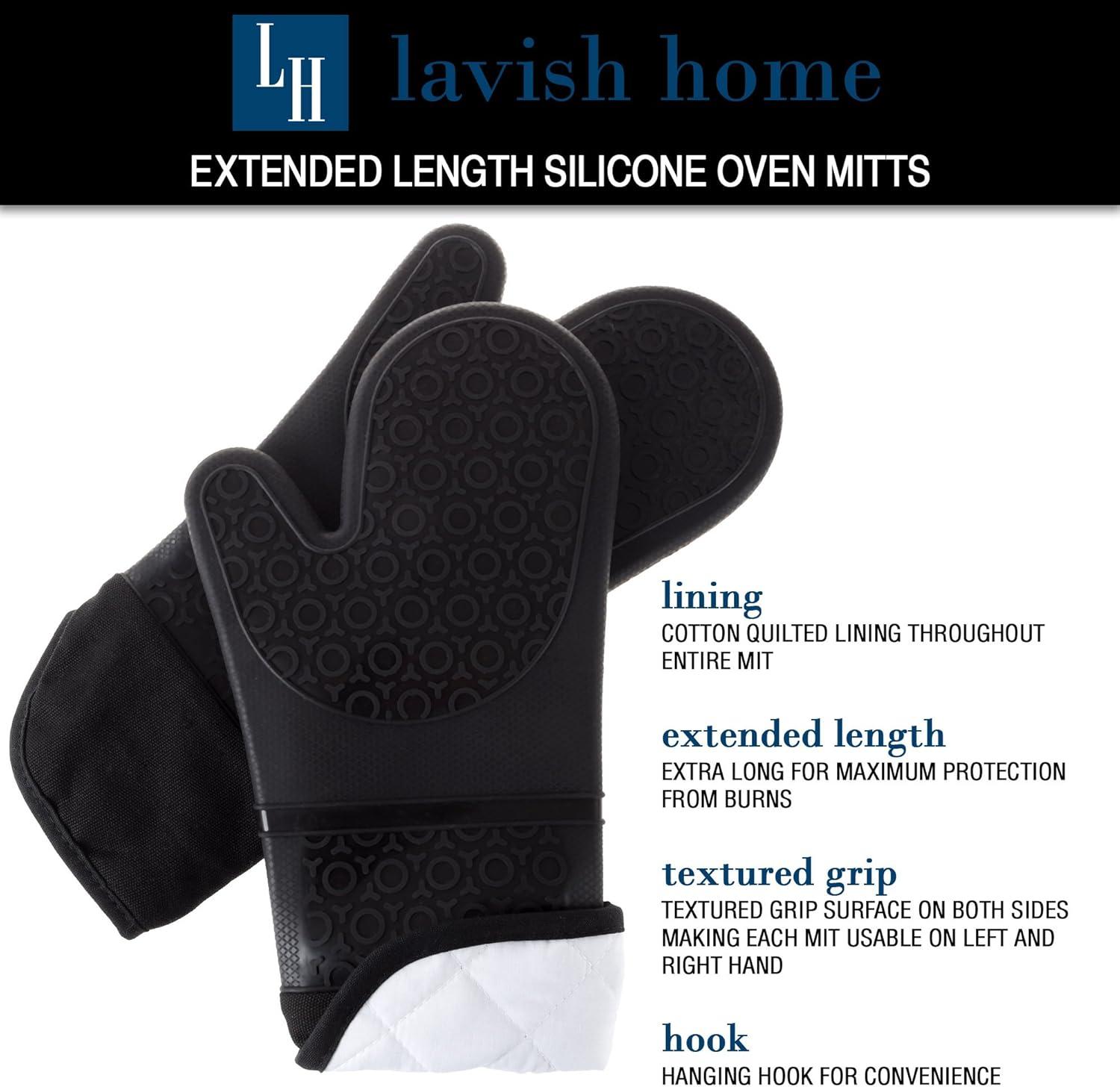 imageSilicone Oven Mitts Extra Long Professional Quality Heat Resistant with Quilted Lining and 2sided Textured Grip 1 pair Black by Lavish Home