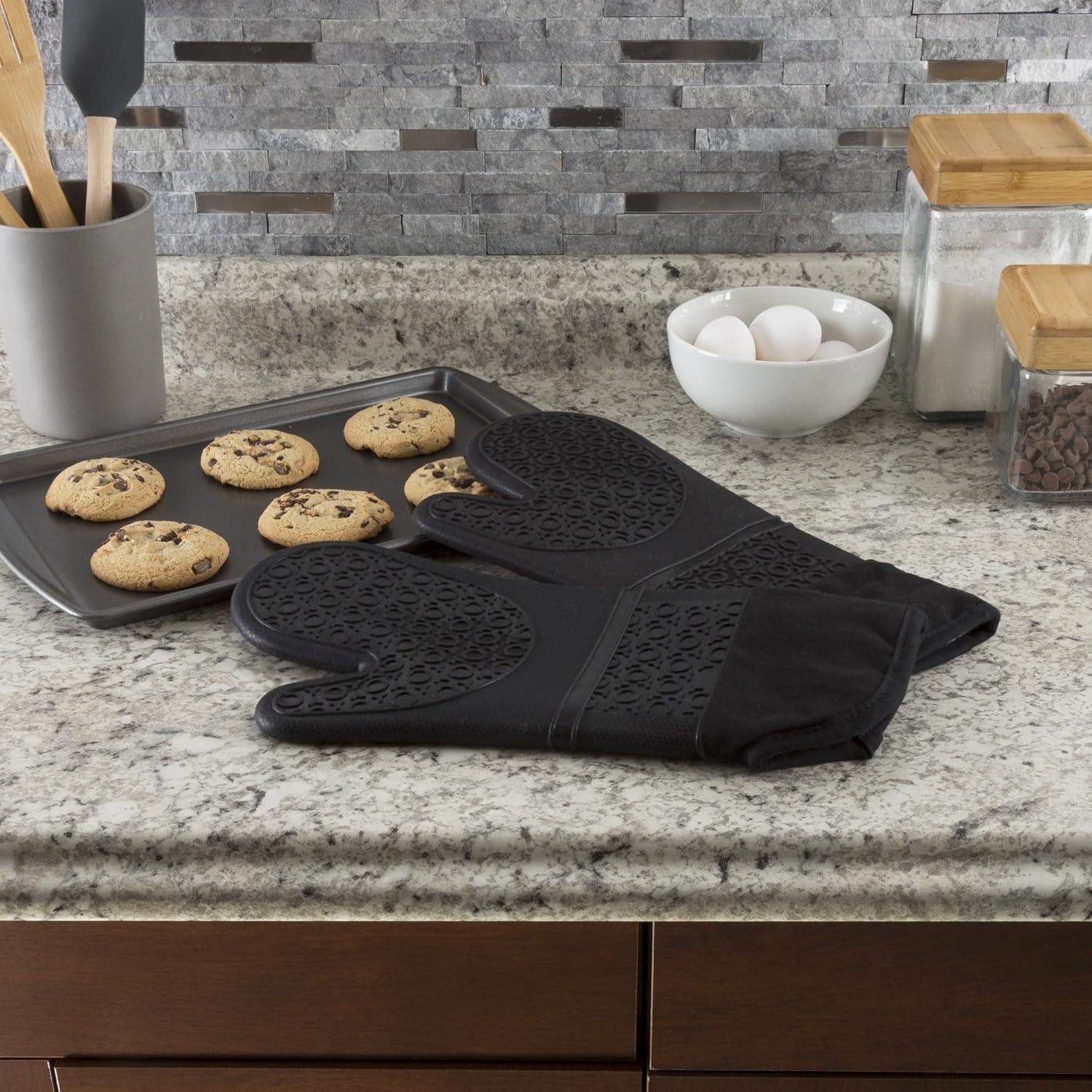 imageSilicone Oven Mitts Extra Long Professional Quality Heat Resistant with Quilted Lining and 2sided Textured Grip 1 pair Black by Lavish Home
