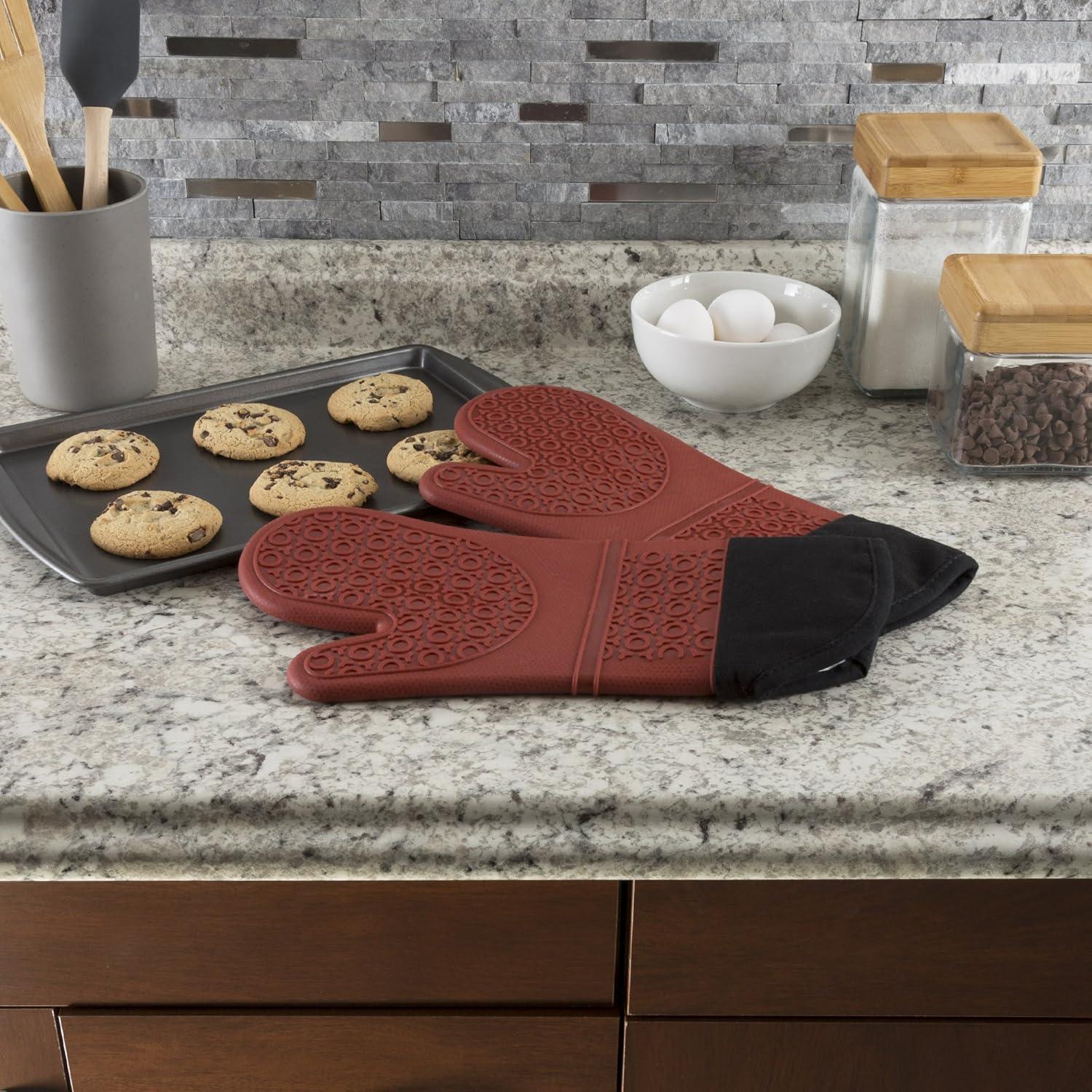 imageSilicone Oven Mitts Extra Long Professional Quality Heat Resistant with Quilted Lining and 2sided Textured Grip 1 pair Dark Red by Lavish Home