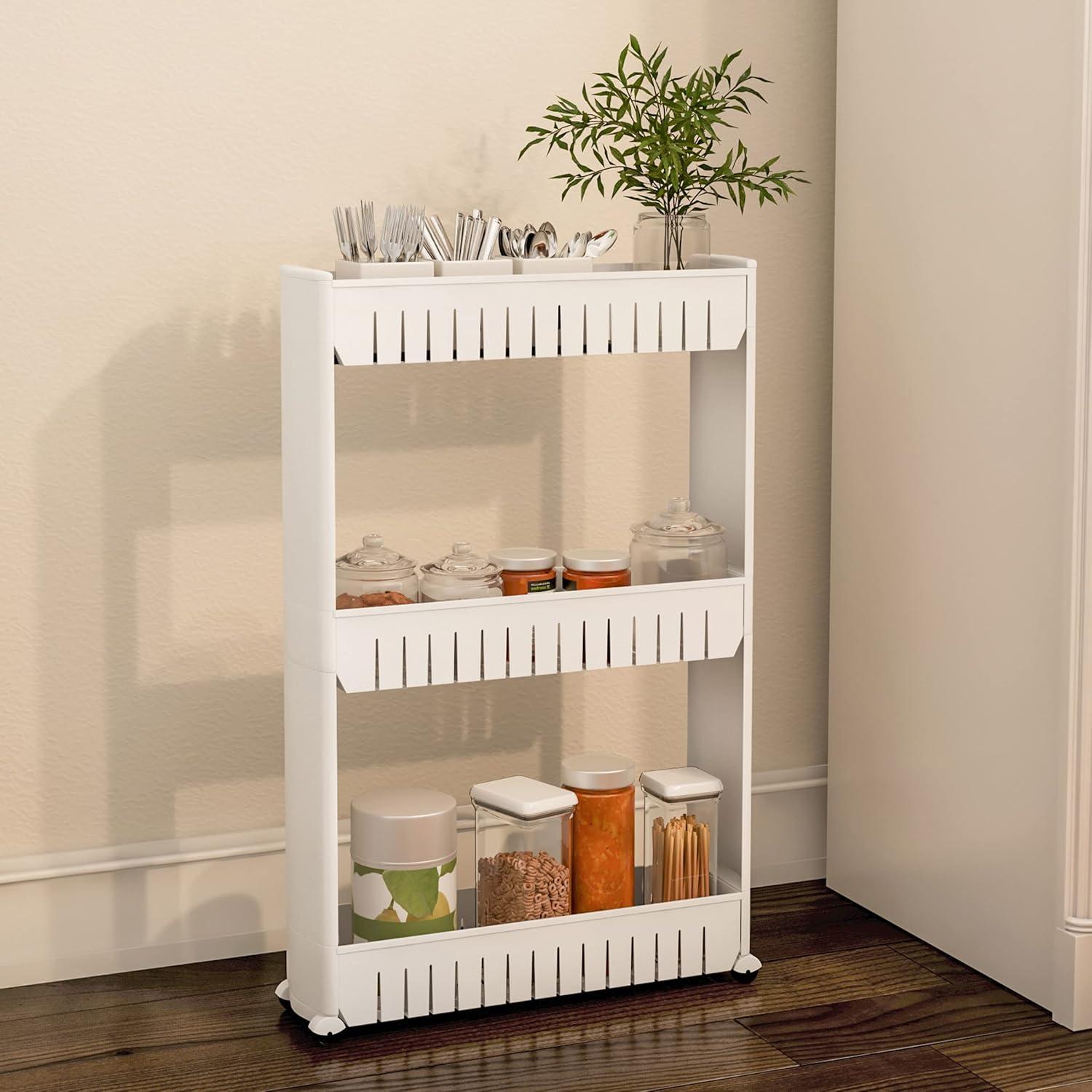 imageSlim Rolling Storage Cart 5Tier Utility Cart with Wheels for Bathroom Kitchen and Laundry Room Bathroom Shelves by Lavish Home White3Tier
