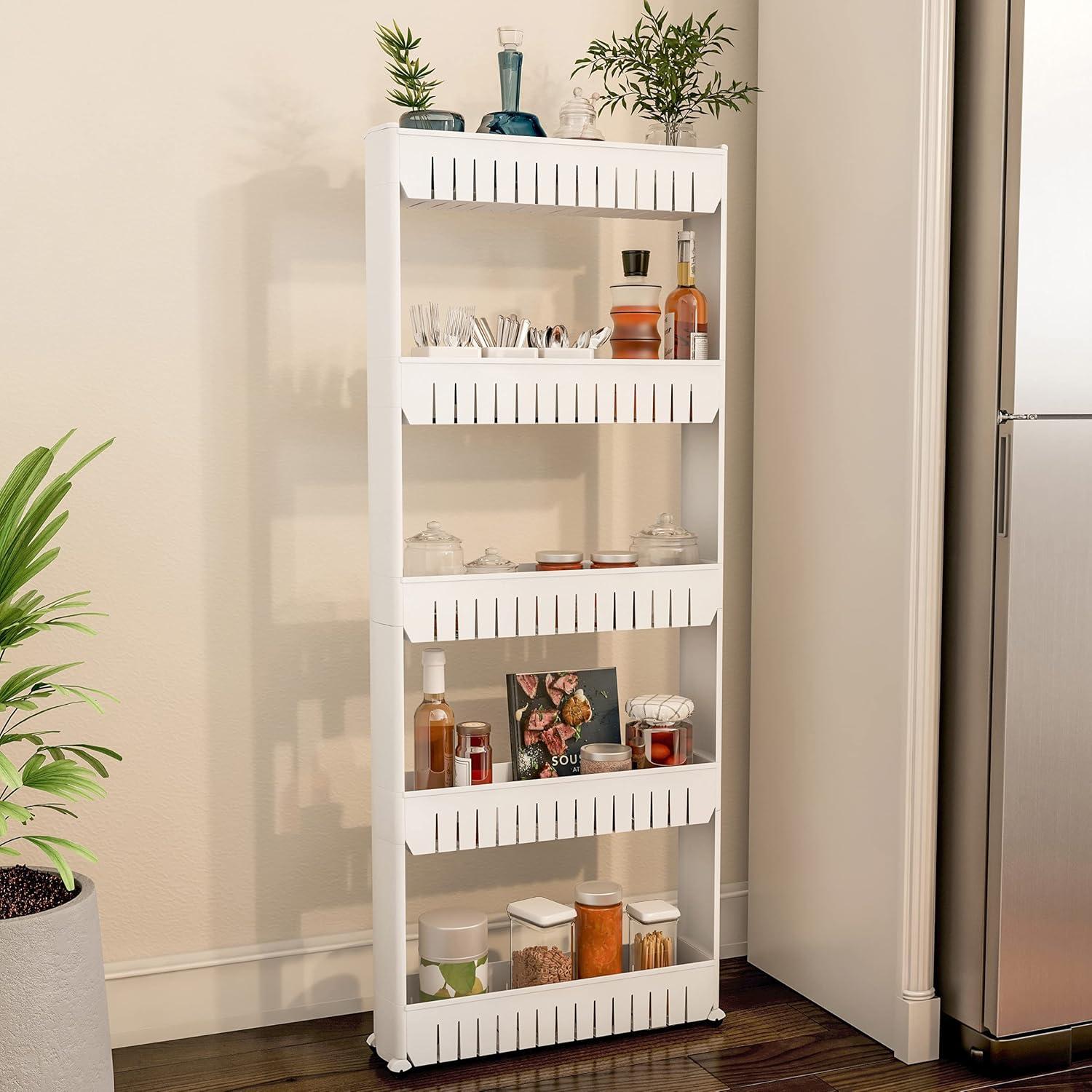 imageSlim Rolling Storage Cart 5Tier Utility Cart with Wheels for Bathroom Kitchen and Laundry Room Bathroom Shelves by Lavish Home White5Tier