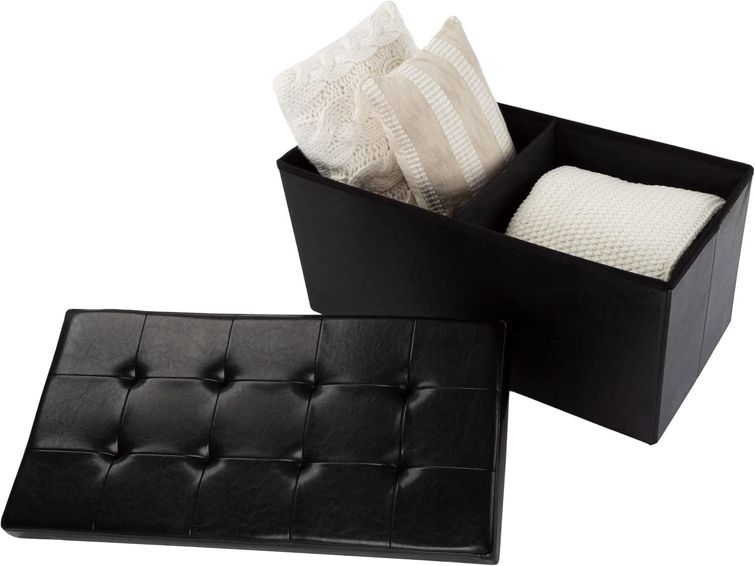 imageStorage Ottoman 30Inch Folding Faux Leather Footrest Linen Chest or Bench with Removable Bin for Living Room or Bedroom by HomeComplete BlackBlack