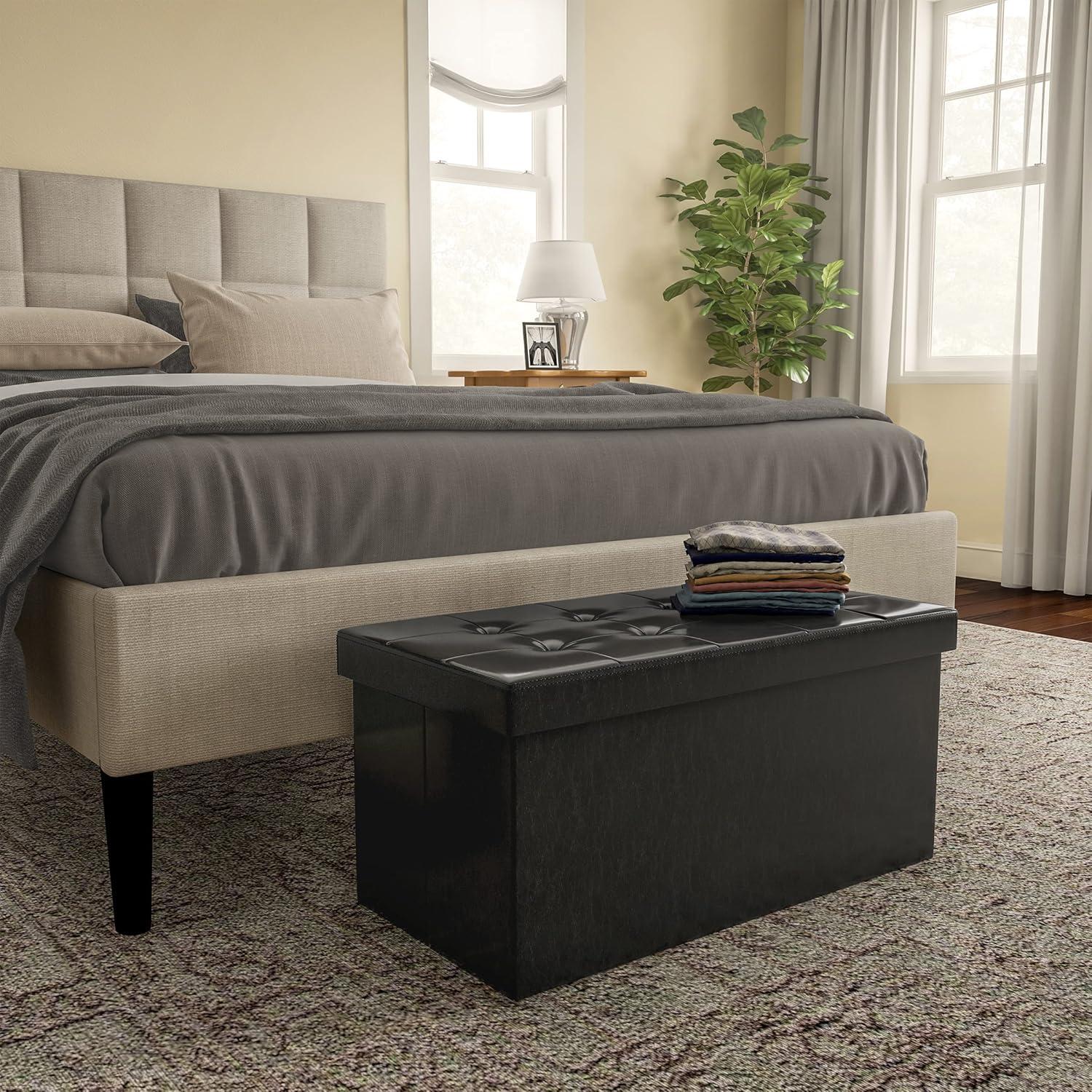 imageStorage Ottoman 30Inch Folding Faux Leather Footrest Linen Chest or Bench with Removable Bin for Living Room or Bedroom by HomeComplete BlackBlack