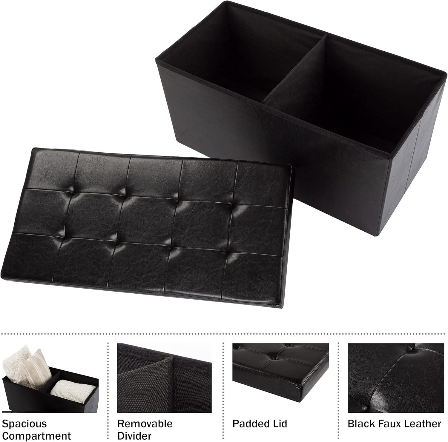 imageStorage Ottoman 30Inch Folding Faux Leather Footrest Linen Chest or Bench with Removable Bin for Living Room or Bedroom by HomeComplete BlackBlack