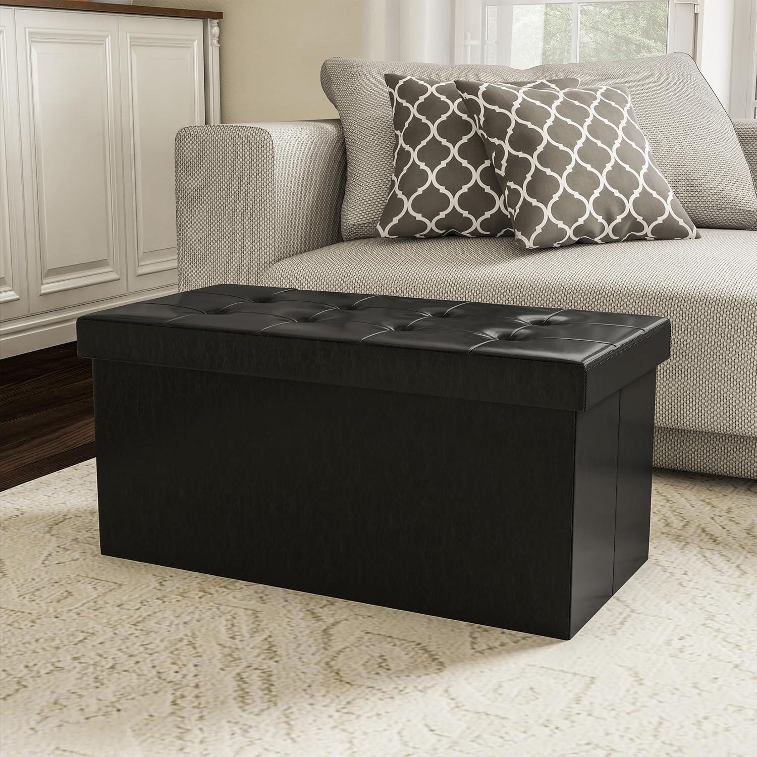 imageStorage Ottoman 30Inch Folding Faux Leather Footrest Linen Chest or Bench with Removable Bin for Living Room or Bedroom by HomeComplete BlackBlack