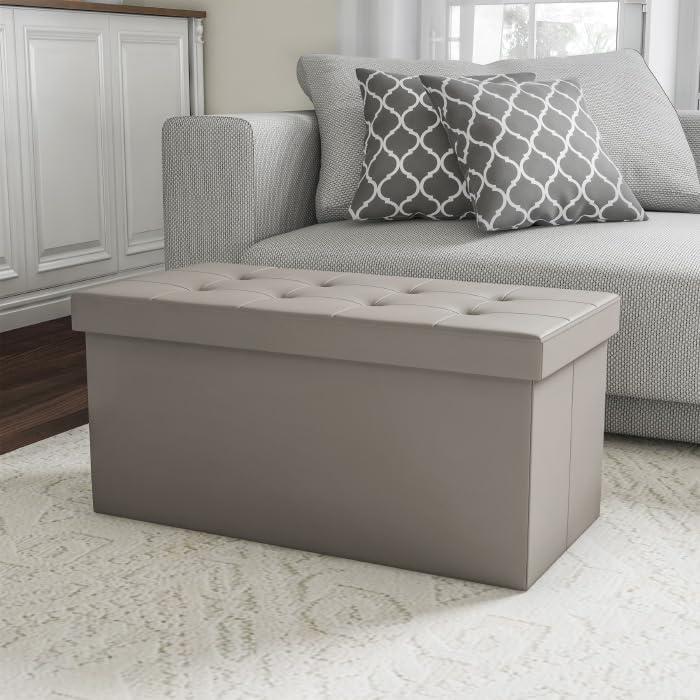 imageStorage Ottoman 30Inch Folding Faux Leather Footrest Linen Chest or Bench with Removable Bin for Living Room or Bedroom by HomeComplete BlackGrey