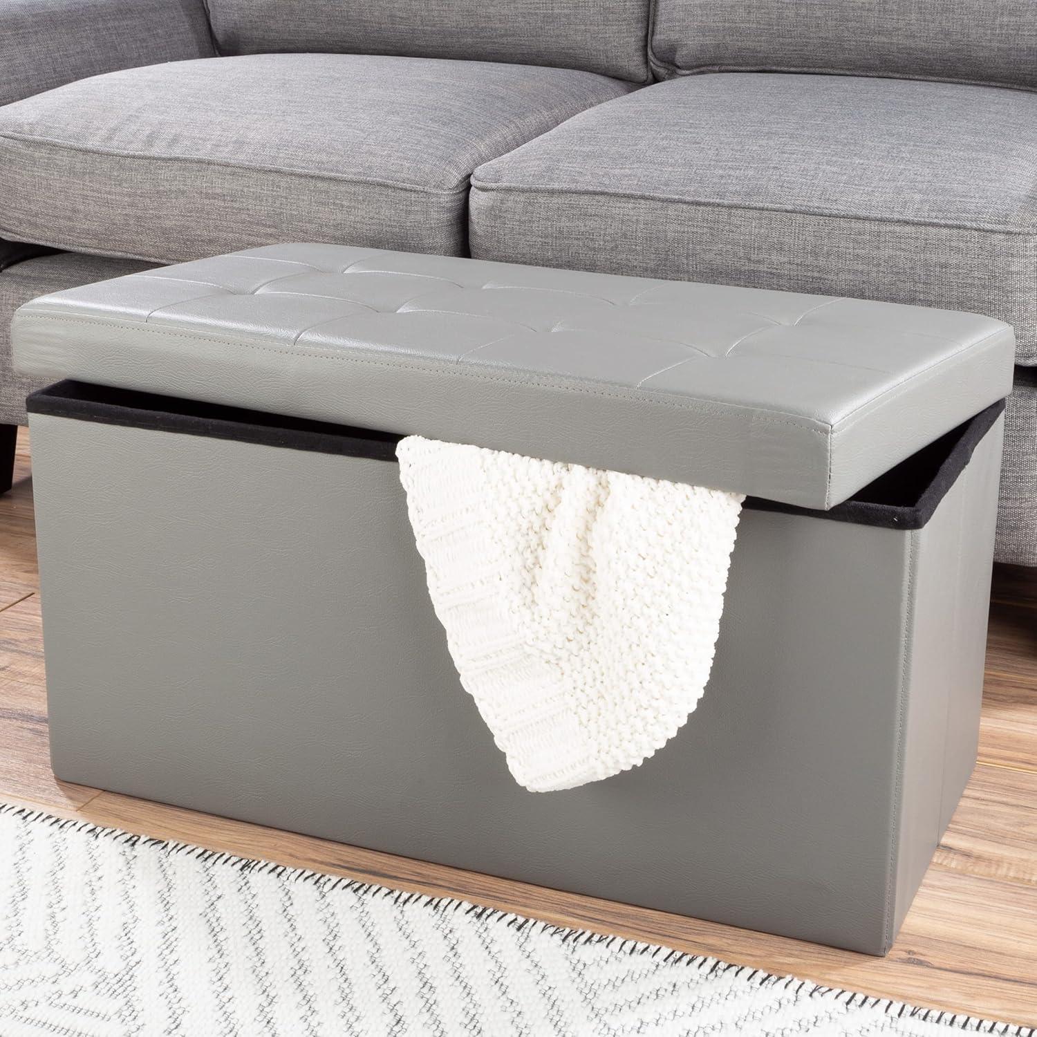 imageStorage Ottoman 30Inch Folding Faux Leather Footrest Linen Chest or Bench with Removable Bin for Living Room or Bedroom by HomeComplete BlackGrey