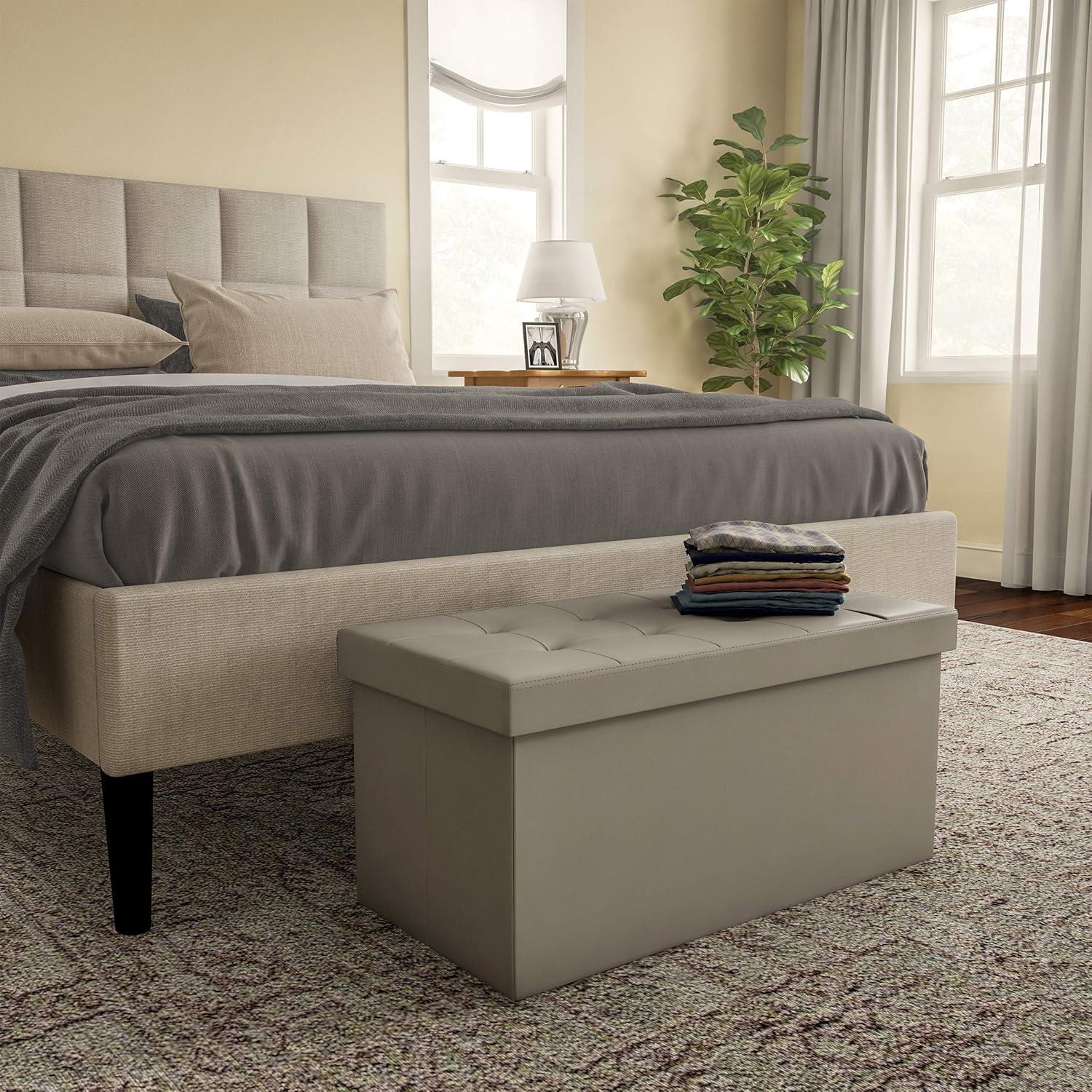 imageStorage Ottoman 30Inch Folding Faux Leather Footrest Linen Chest or Bench with Removable Bin for Living Room or Bedroom by HomeComplete BlackGrey