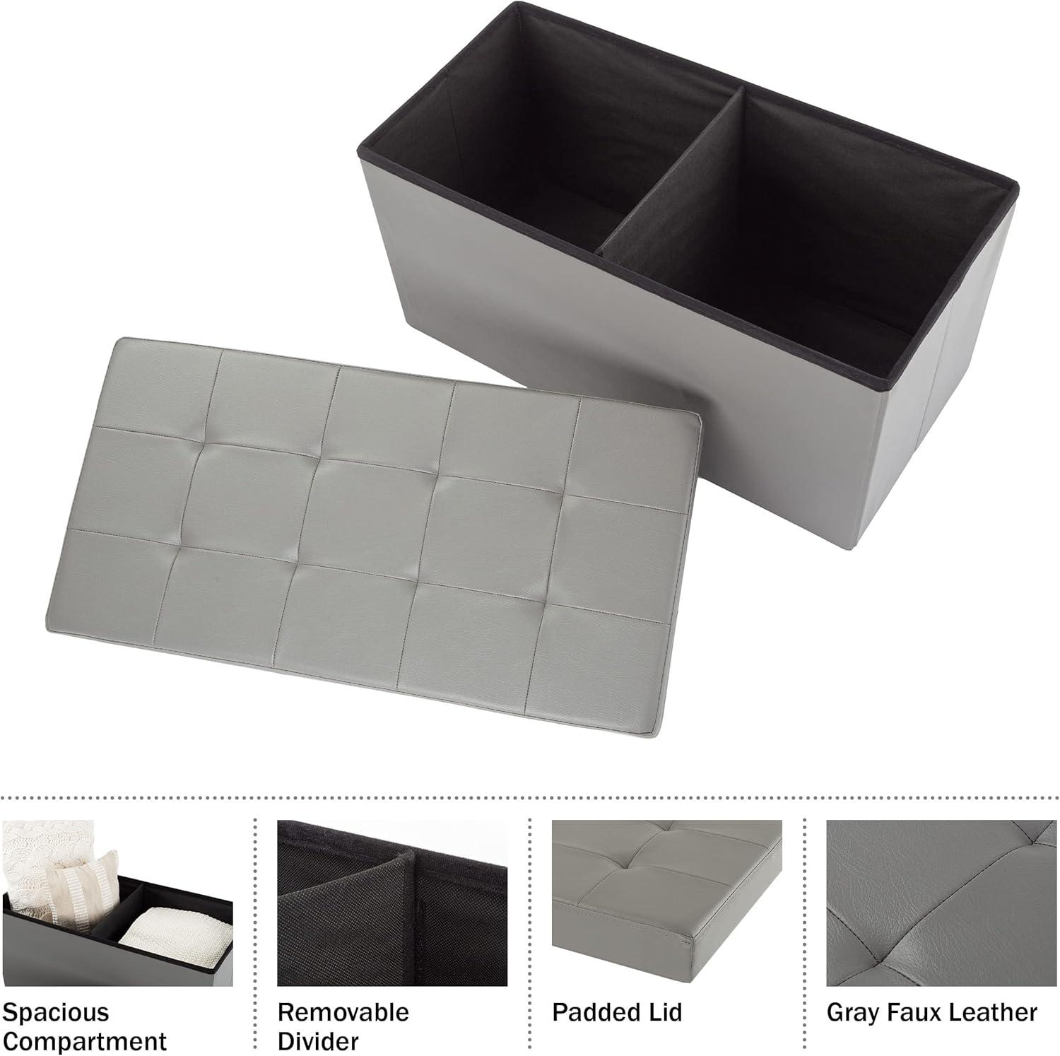 imageStorage Ottoman 30Inch Folding Faux Leather Footrest Linen Chest or Bench with Removable Bin for Living Room or Bedroom by HomeComplete BlackGrey