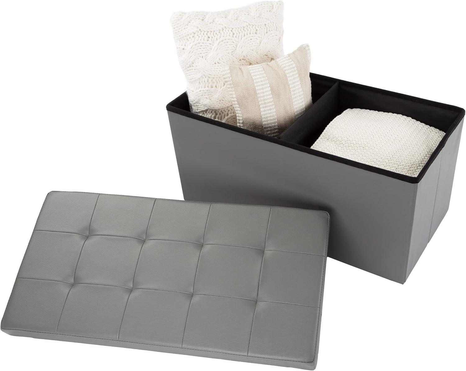imageStorage Ottoman 30Inch Folding Faux Leather Footrest Linen Chest or Bench with Removable Bin for Living Room or Bedroom by HomeComplete BlackGrey