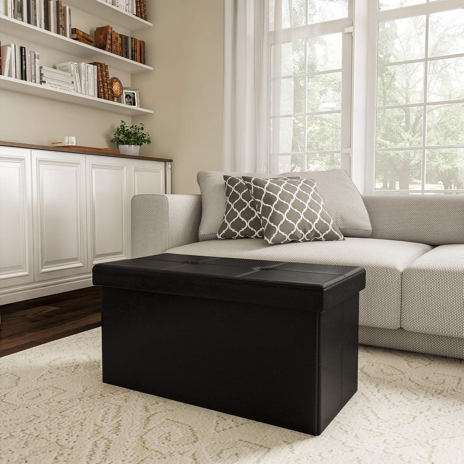 imageStorage Ottoman 30Inch Folding Faux Leather Footrest Linen Chest or Bench with Removable Bin for Living Room or Bedroom by Lavish Home BrownBlack