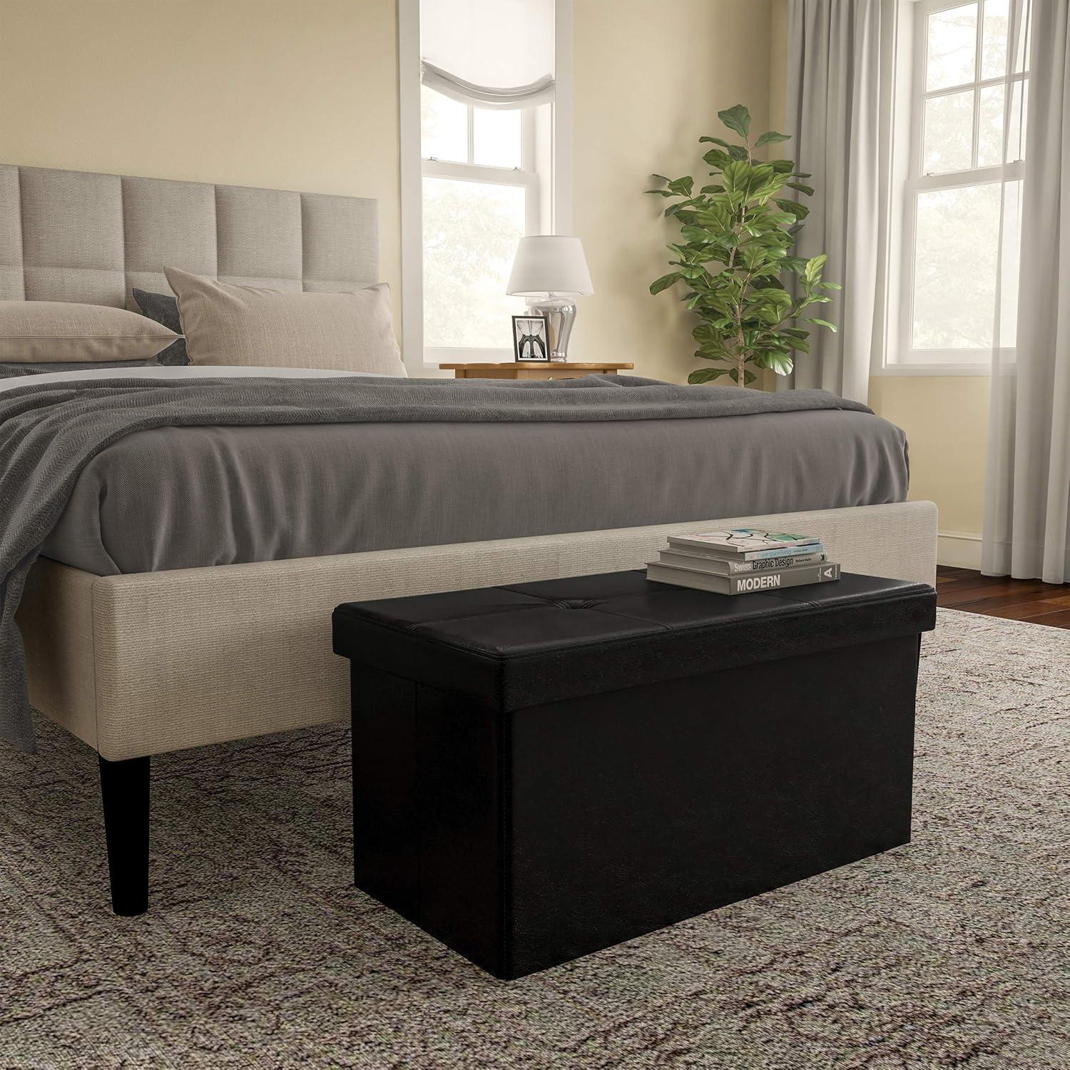 imageStorage Ottoman 30Inch Folding Faux Leather Footrest Linen Chest or Bench with Removable Bin for Living Room or Bedroom by Lavish Home BrownBlack