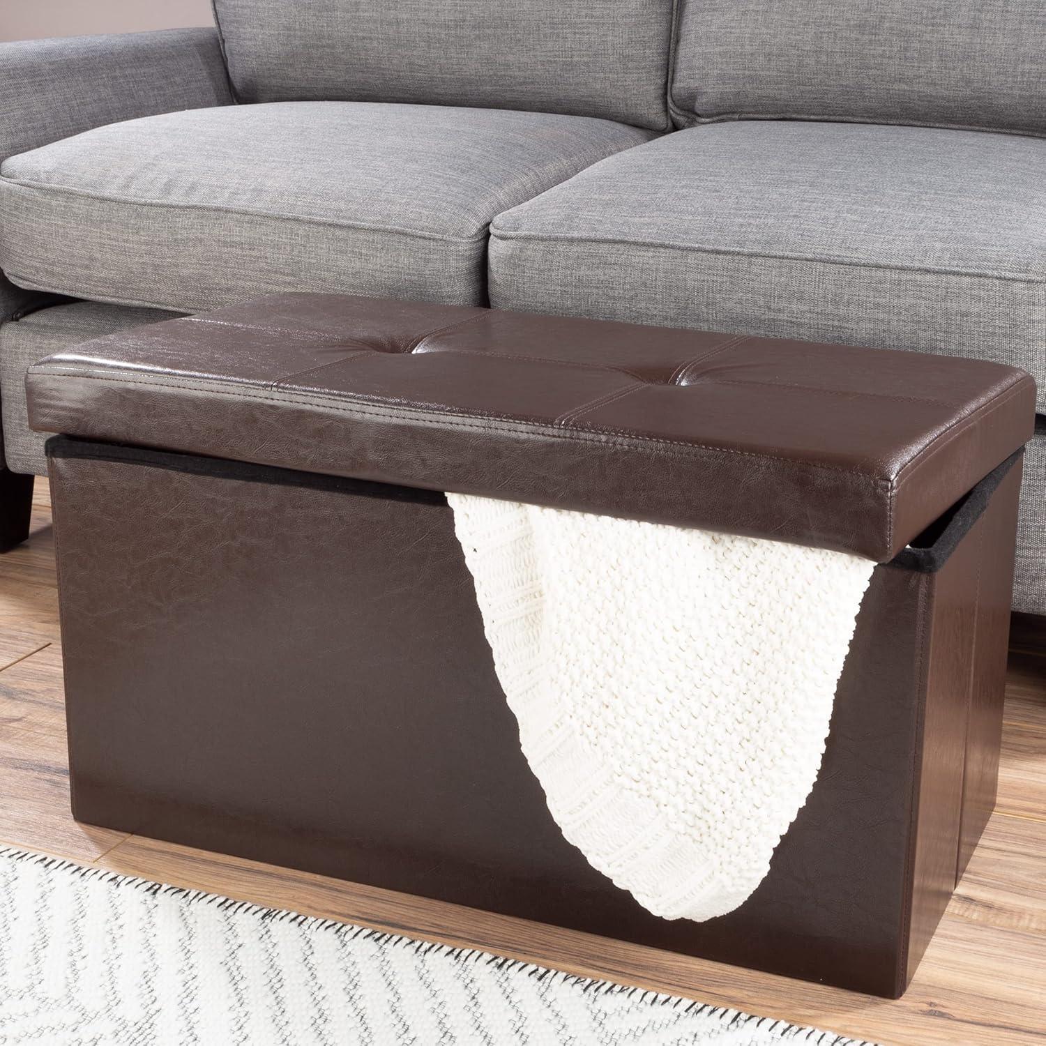 imageStorage Ottoman 30Inch Folding Faux Leather Footrest Linen Chest or Bench with Removable Bin for Living Room or Bedroom by Lavish Home BrownChocolate Brown
