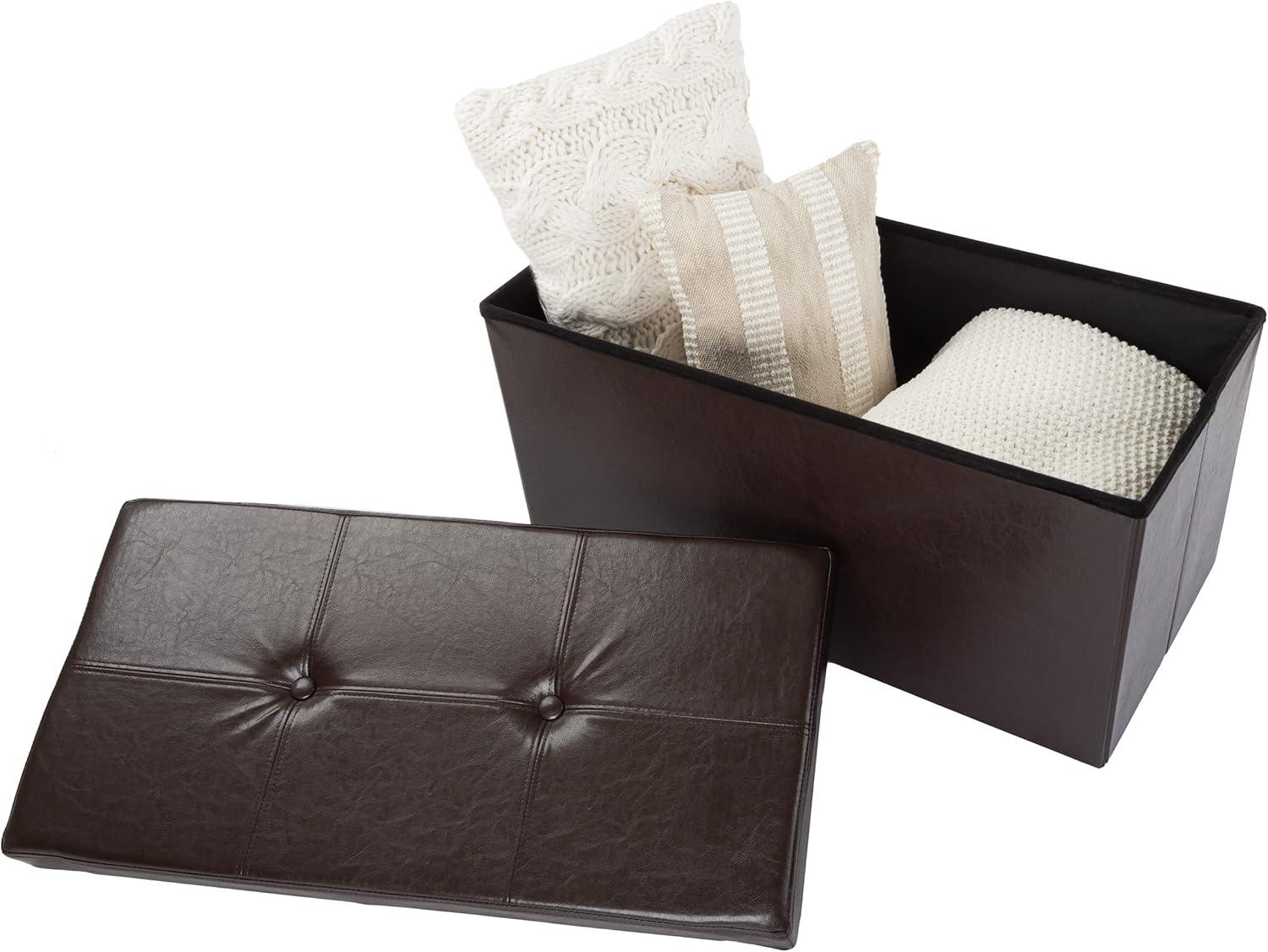 imageStorage Ottoman 30Inch Folding Faux Leather Footrest Linen Chest or Bench with Removable Bin for Living Room or Bedroom by Lavish Home BrownChocolate Brown