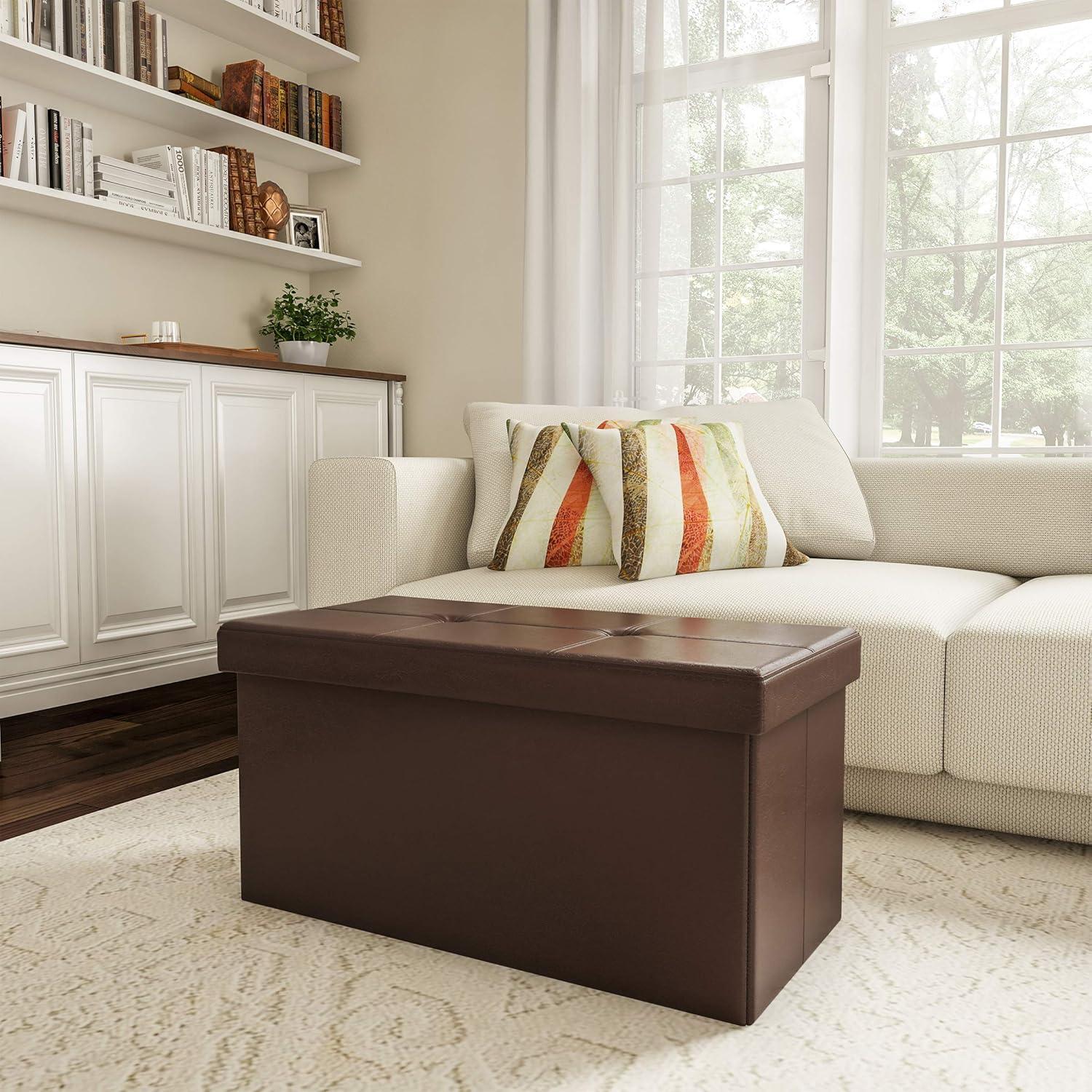 imageStorage Ottoman 30Inch Folding Faux Leather Footrest Linen Chest or Bench with Removable Bin for Living Room or Bedroom by Lavish Home BrownChocolate Brown