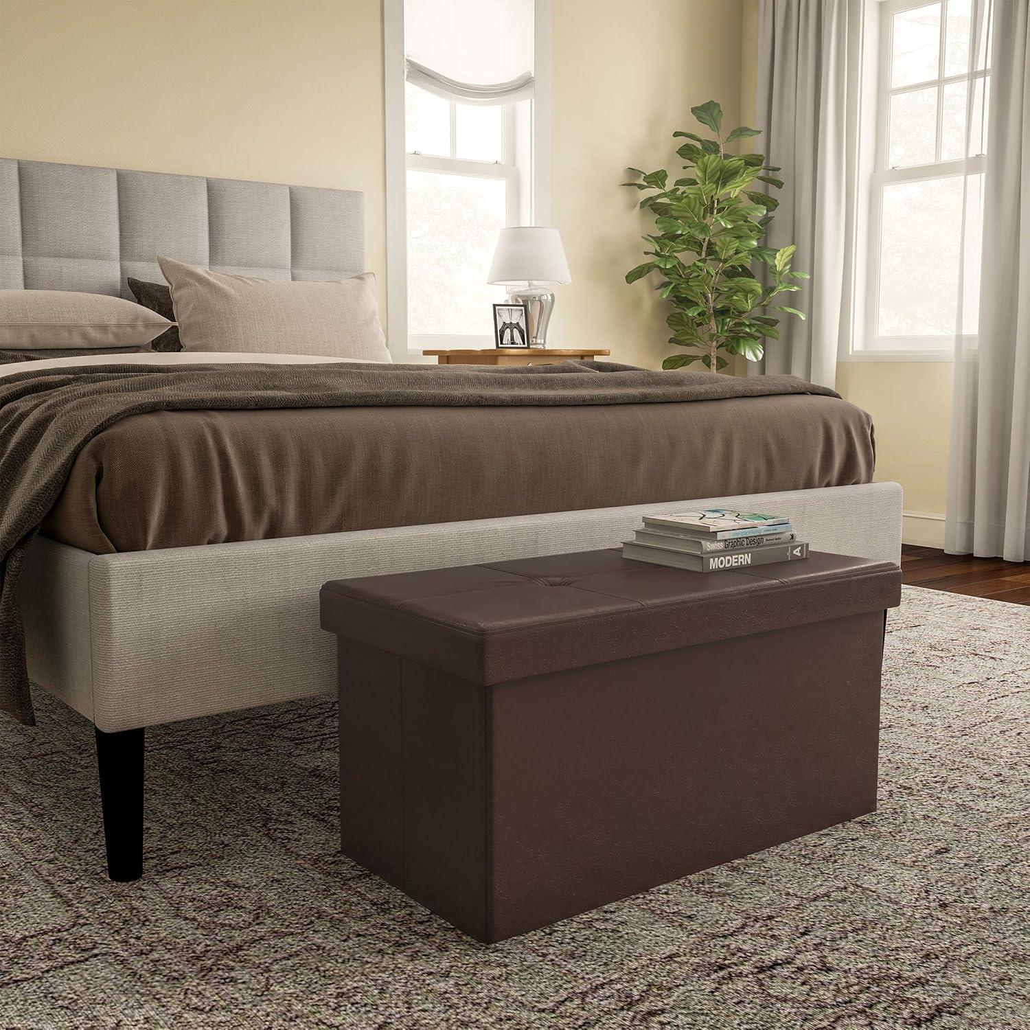 imageStorage Ottoman 30Inch Folding Faux Leather Footrest Linen Chest or Bench with Removable Bin for Living Room or Bedroom by Lavish Home BrownChocolate Brown