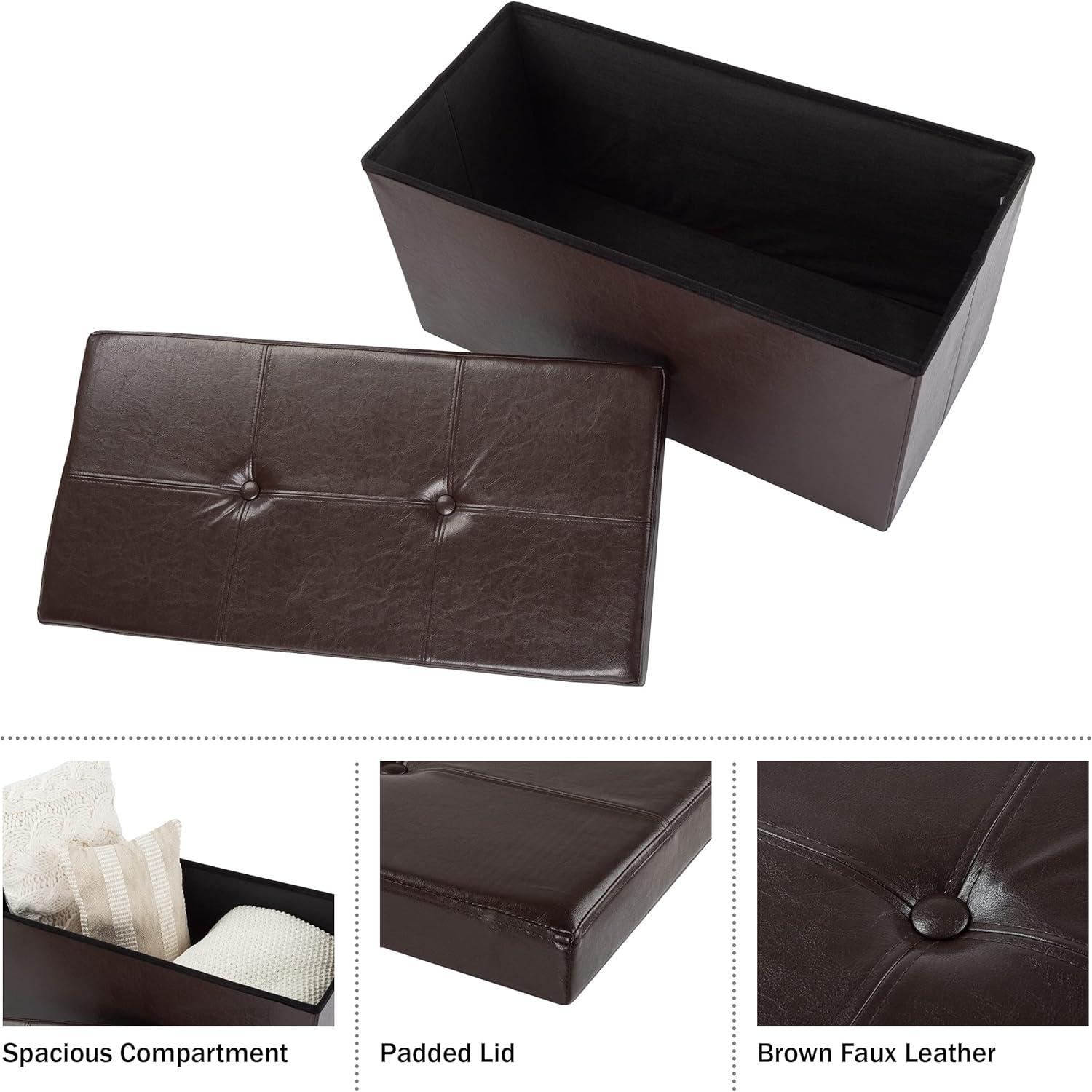 imageStorage Ottoman 30Inch Folding Faux Leather Footrest Linen Chest or Bench with Removable Bin for Living Room or Bedroom by Lavish Home BrownChocolate Brown