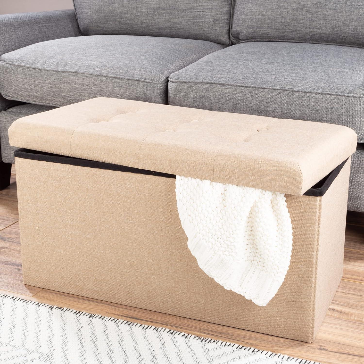 imageStorage Ottoman 30Inch Folding Tufted Footrest Linen Chest or Bench with Removable Bin for Living Room Bedroom or Dorm by Lavish Home GrayBeige