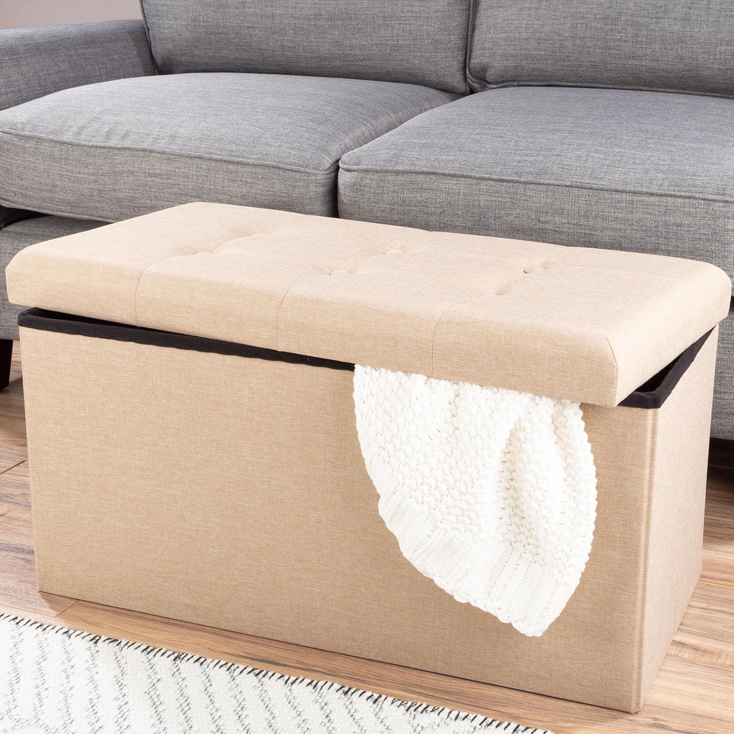 imageStorage Ottoman 30Inch Folding Tufted Footrest Linen Chest or Bench with Removable Bin for Living Room Bedroom or Dorm by Lavish Home GrayBeige