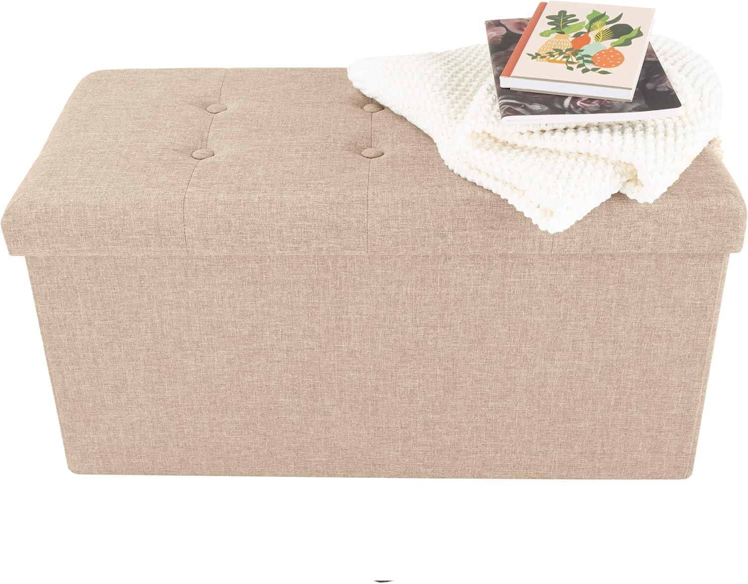 imageStorage Ottoman 30Inch Folding Tufted Footrest Linen Chest or Bench with Removable Bin for Living Room Bedroom or Dorm by Lavish Home GrayBeige