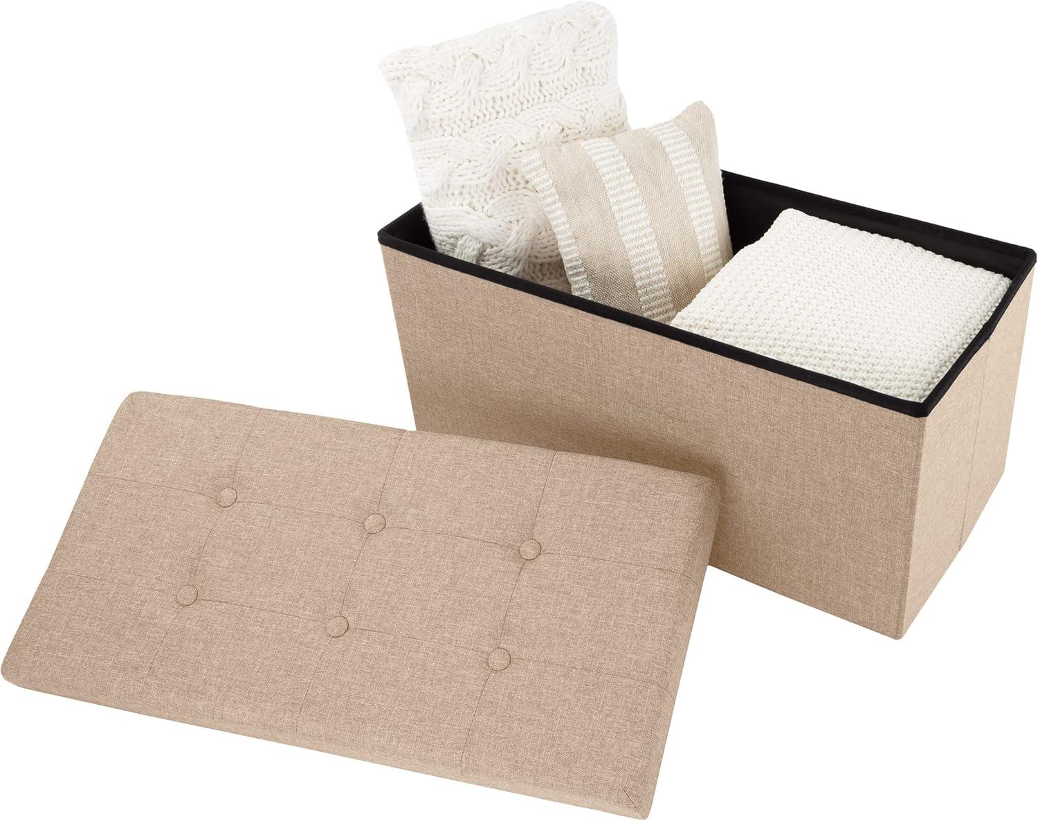 imageStorage Ottoman 30Inch Folding Tufted Footrest Linen Chest or Bench with Removable Bin for Living Room Bedroom or Dorm by Lavish Home GrayBeige