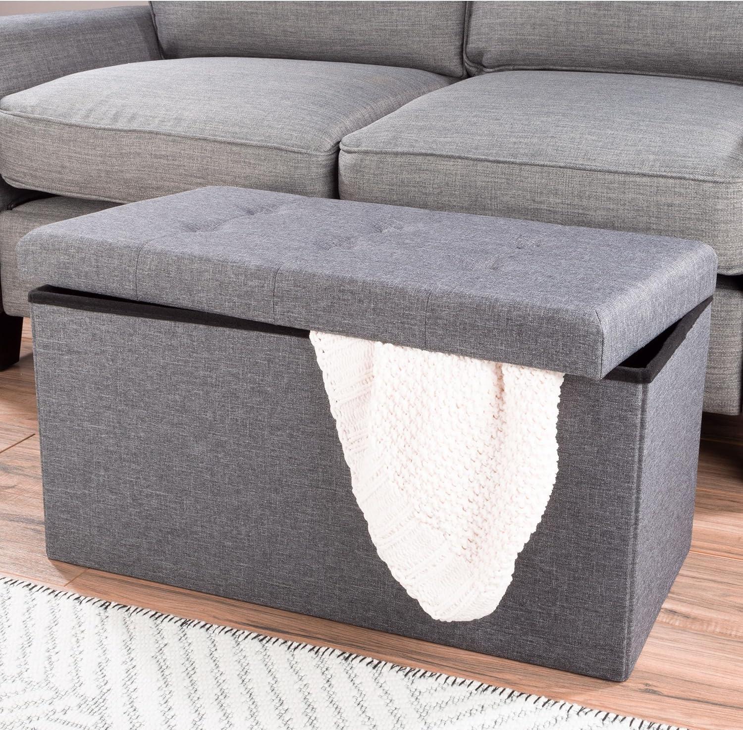 imageStorage Ottoman 30Inch Folding Tufted Footrest Linen Chest or Bench with Removable Bin for Living Room Bedroom or Dorm by Lavish Home GrayDark Gray
