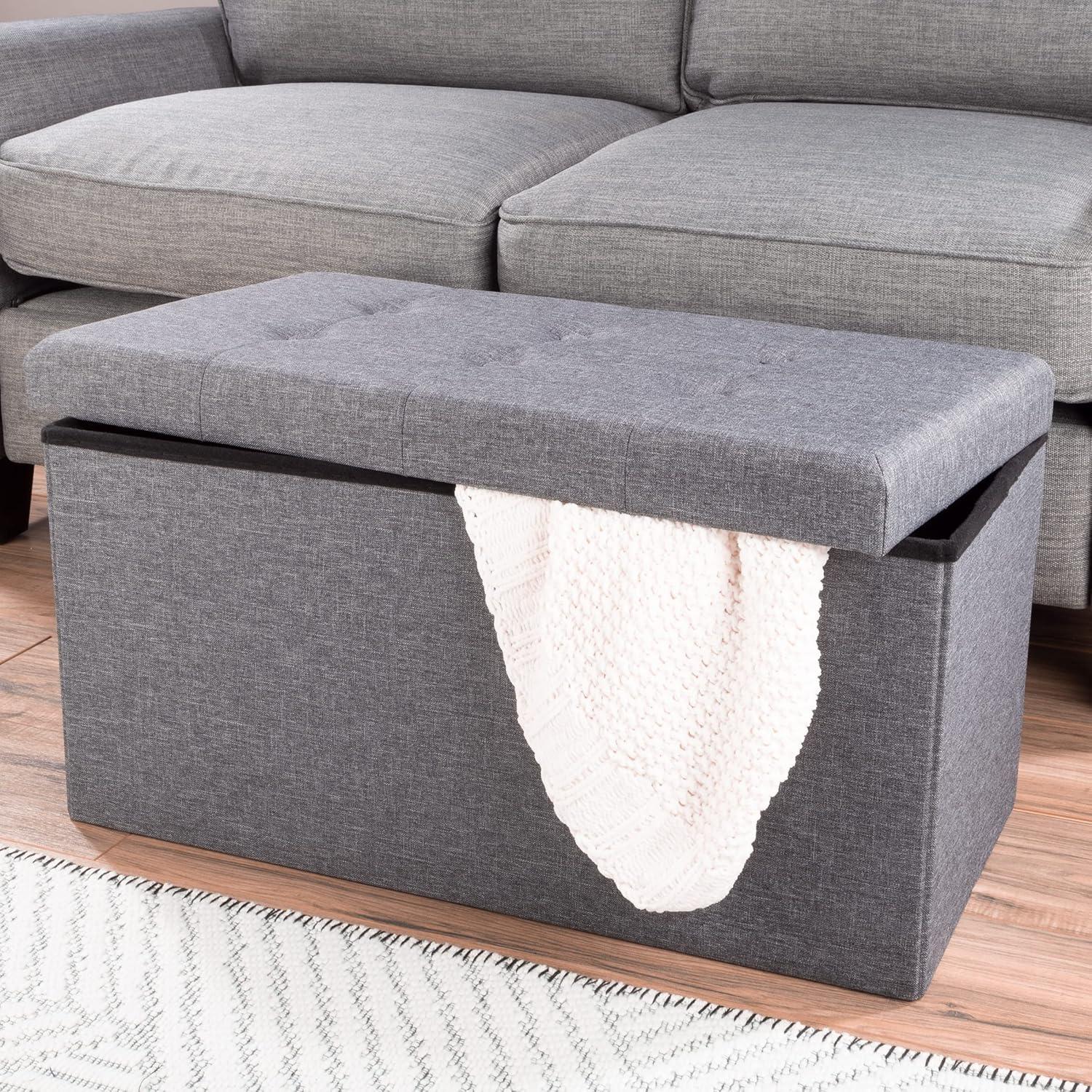 imageStorage Ottoman 30Inch Folding Tufted Footrest Linen Chest or Bench with Removable Bin for Living Room Bedroom or Dorm by Lavish Home GrayDark Gray