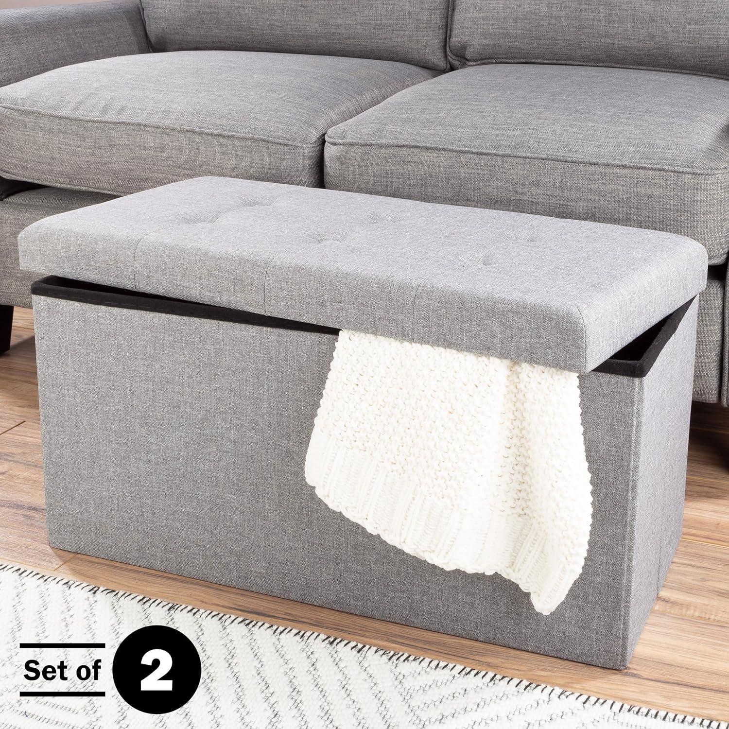 imageStorage Ottoman 30Inch Folding Tufted Footrest Linen Chest or Bench with Removable Bin for Living Room Bedroom or Dorm by Lavish Home GrayLight Gray