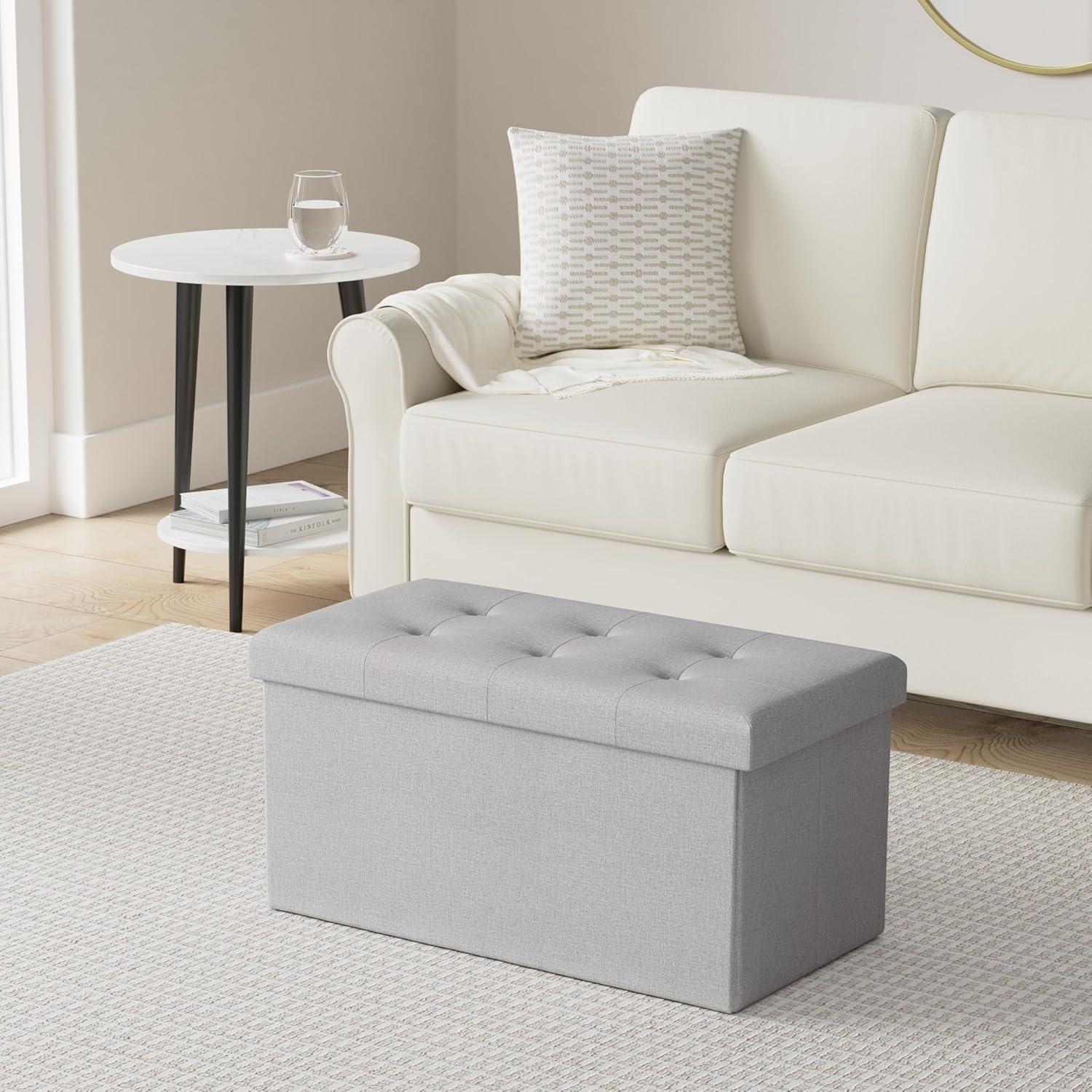 imageStorage Ottoman 30Inch Folding Tufted Footrest Linen Chest or Bench with Removable Bin for Living Room Bedroom or Dorm by Lavish Home GrayLight Gray