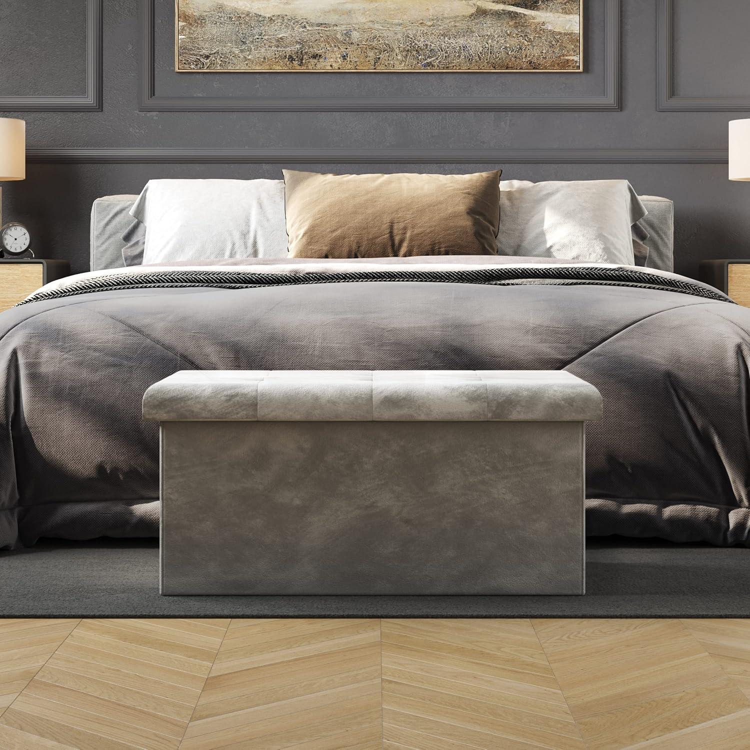 imageStorage Ottoman Velvet Tufted Footrest Linen Chest or Bench Organizer with Removable Lid for Bedroom Dorm Room or Entryway by Lavish Home GrayCube